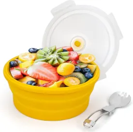 1200ml Large Collapsible Bowl With Lid, Camping Bowl with Foldable Spoon, Silicone Bento Box For Meal Prep & Food Storage, Microwave Safe, Orange