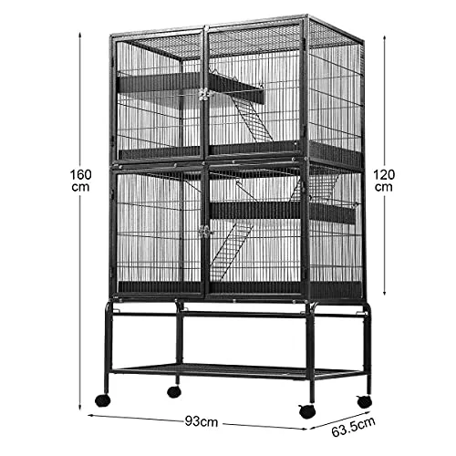 160CM Tall Bird Cage Parrot Aviary Pet Stand Budgie Perch Castor with Wheels Extra Large 93x 63.5x160cm,2 Access Door & 4 Level