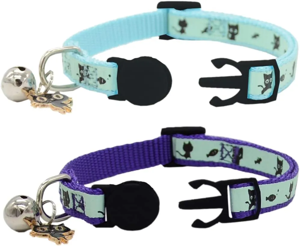 2 Pack Glow in The Dark Cat Collar with Bell Breakaway Safety Cat Puppy Collars with Pendant Purple and Light Blue