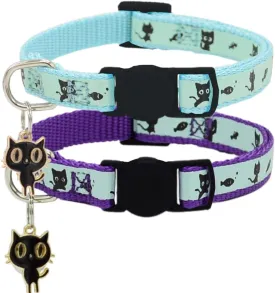 2 Pack Glow in The Dark Cat Collar with Bell Breakaway Safety Cat Puppy Collars with Pendant Purple and Light Blue