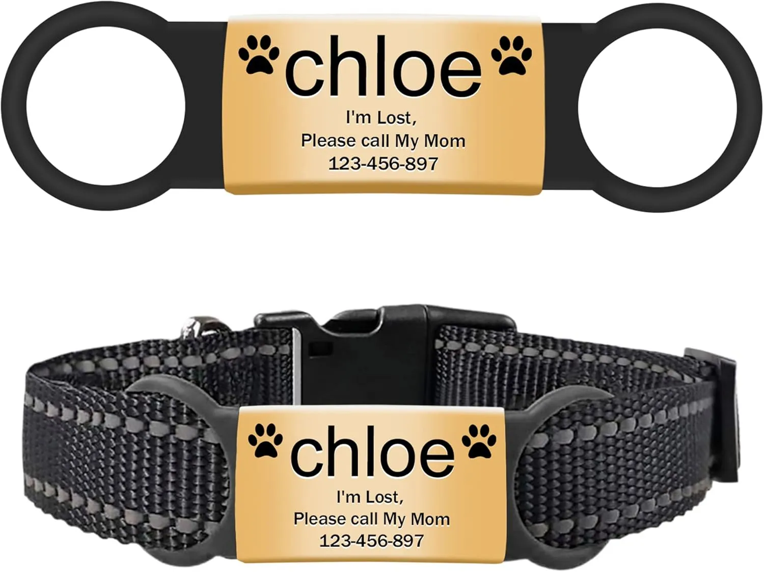 2 Pack Personalized Dog Tag, Slide-On Pet ID Tags,Stainless Steel Dog Tags, No Jingle Slide on Cat ID Tag, Custom Engraved No Noise Animal Identification Tag(L Gold)