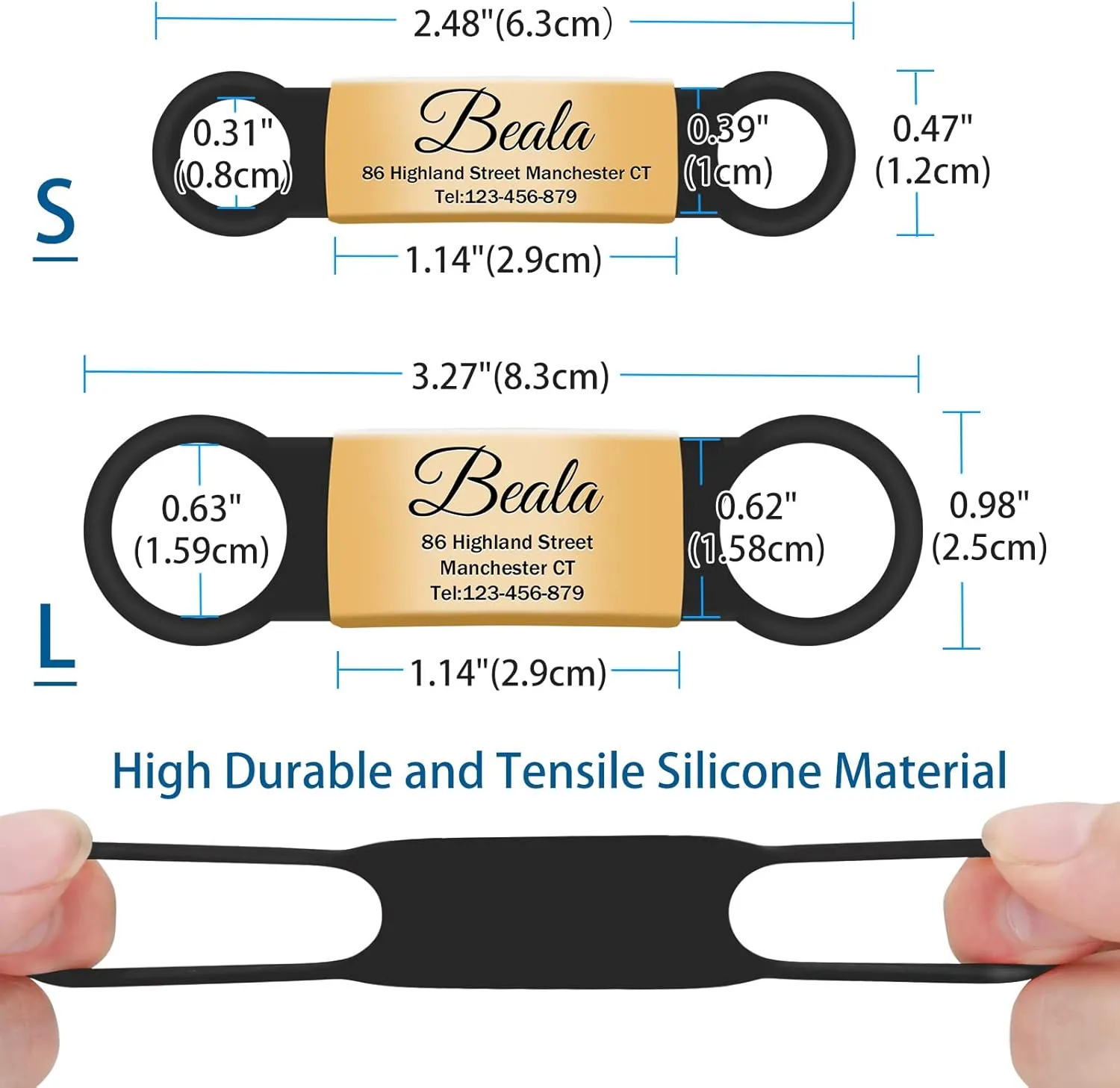 2 Pack Personalized Dog Tag, Slide-On Pet ID Tags,Stainless Steel Dog Tags, No Jingle Slide on Cat ID Tag, Custom Engraved No Noise Animal Identification Tag(L Gold)