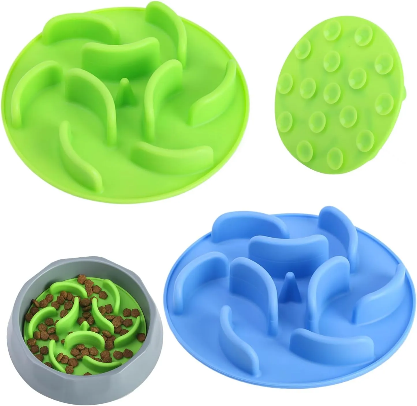 2-Pack Silicone Slow Feeder Pet Bowl Inserts with Strong Suction Cups, Puppy Slow Feeder for Most Dog Bowl or Dog Dish  Anti-Choking Design for Small, Medium, Large Dogs(Blue/Green)