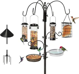 6-Hook Bird Feeding Station, Steel Multi-Feeder Kit Stand for Attracting Wild Birds w/ 4 Bird Feeders, Bird Bath, Mesh Tray and Squirrel Guard Baffle94 Inch