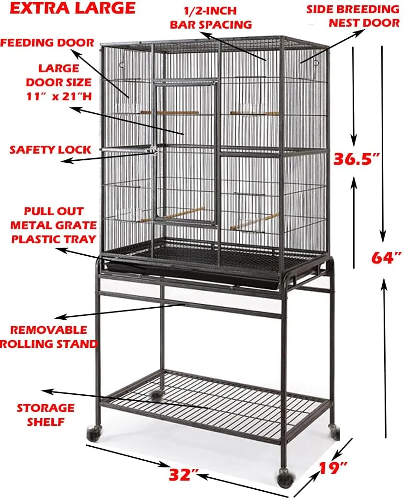 64" Extra Large Tight 1/2-Inch Bar Spacing Wrought Iron Flight Canary Parakeet Cockatiel Lovebird Finch Home Cage Side Nesting Box Doors with Removable Rolling Stand