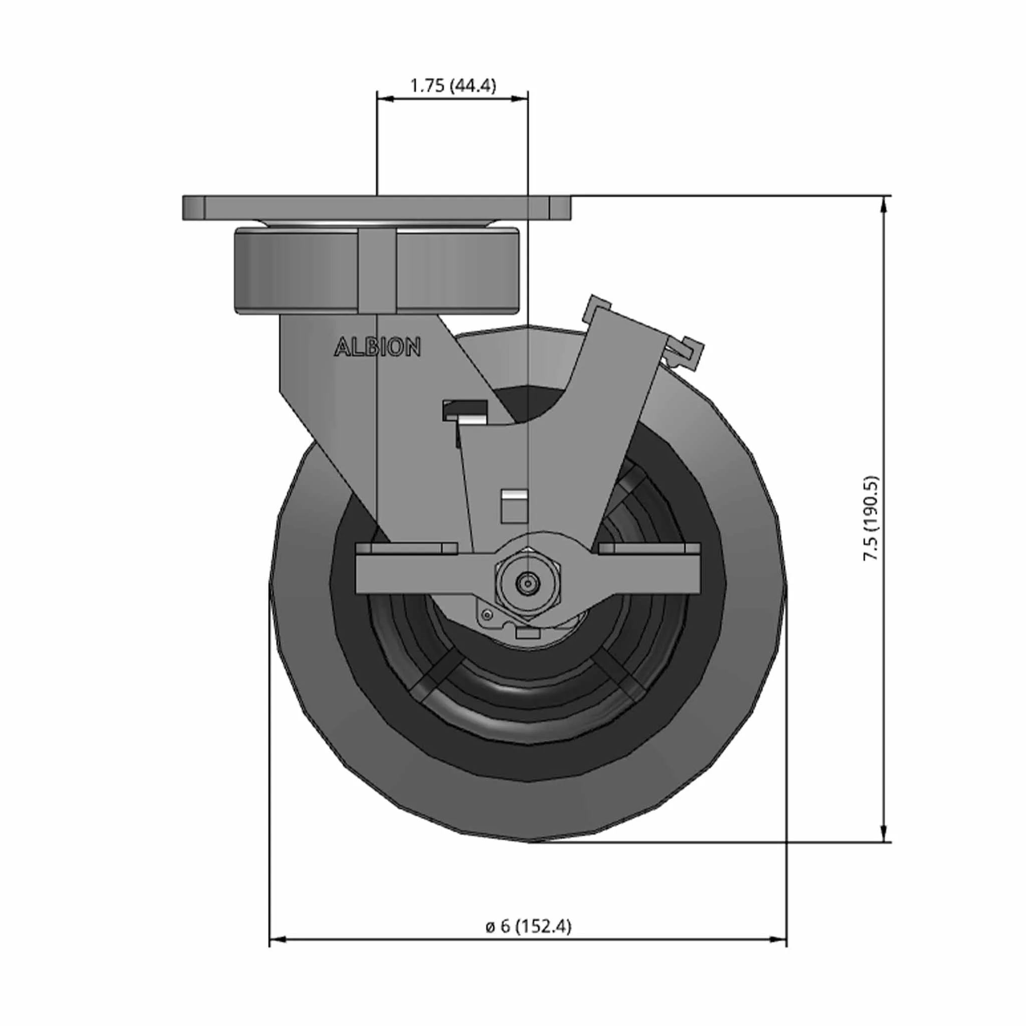 6"x2" Ergonomic Side Lock Flat Performance-Rubber Wheel Caster