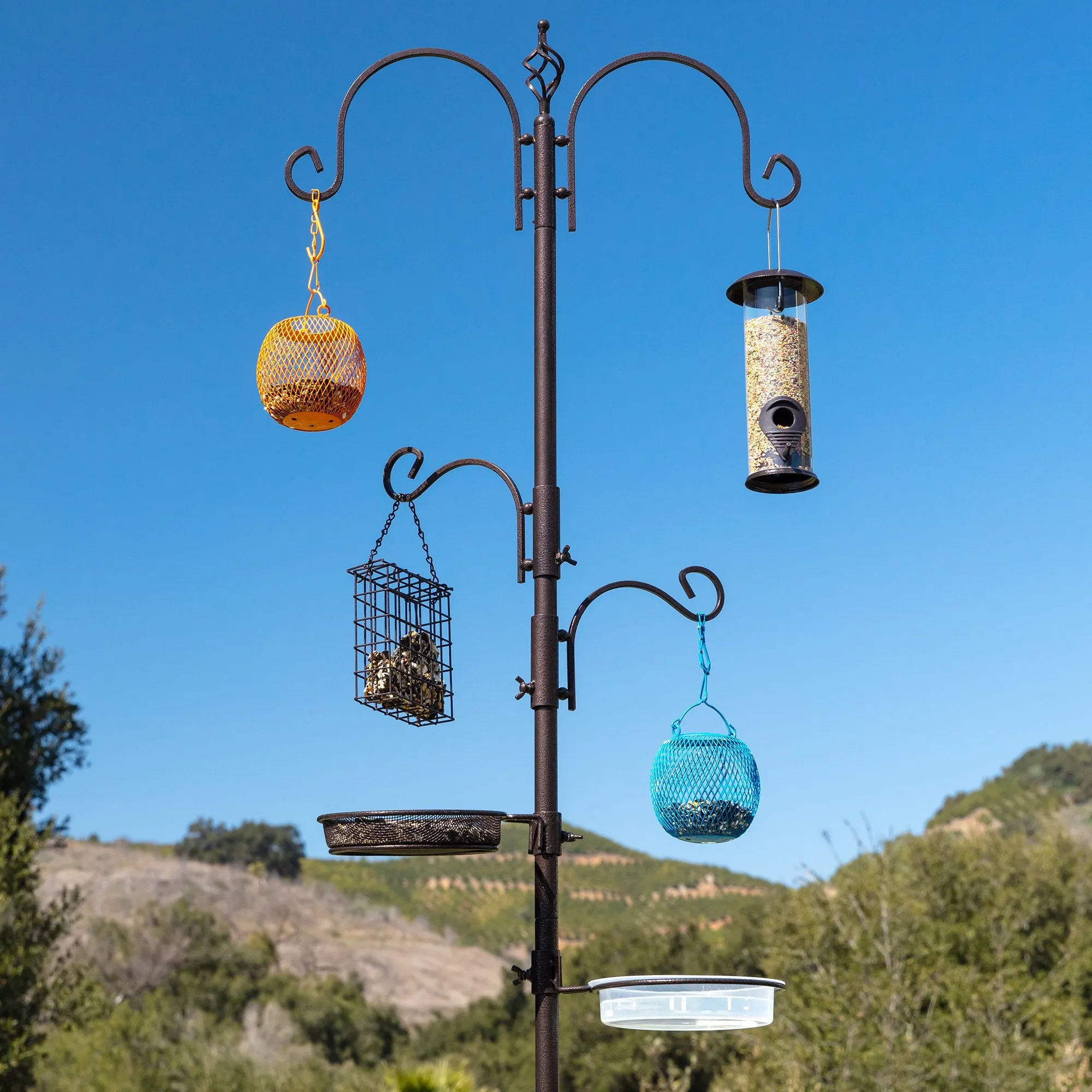91in 4-Hook Bird Feeding Station, Steel Multi-Feeder Stand w/ 2 Bird Feeders