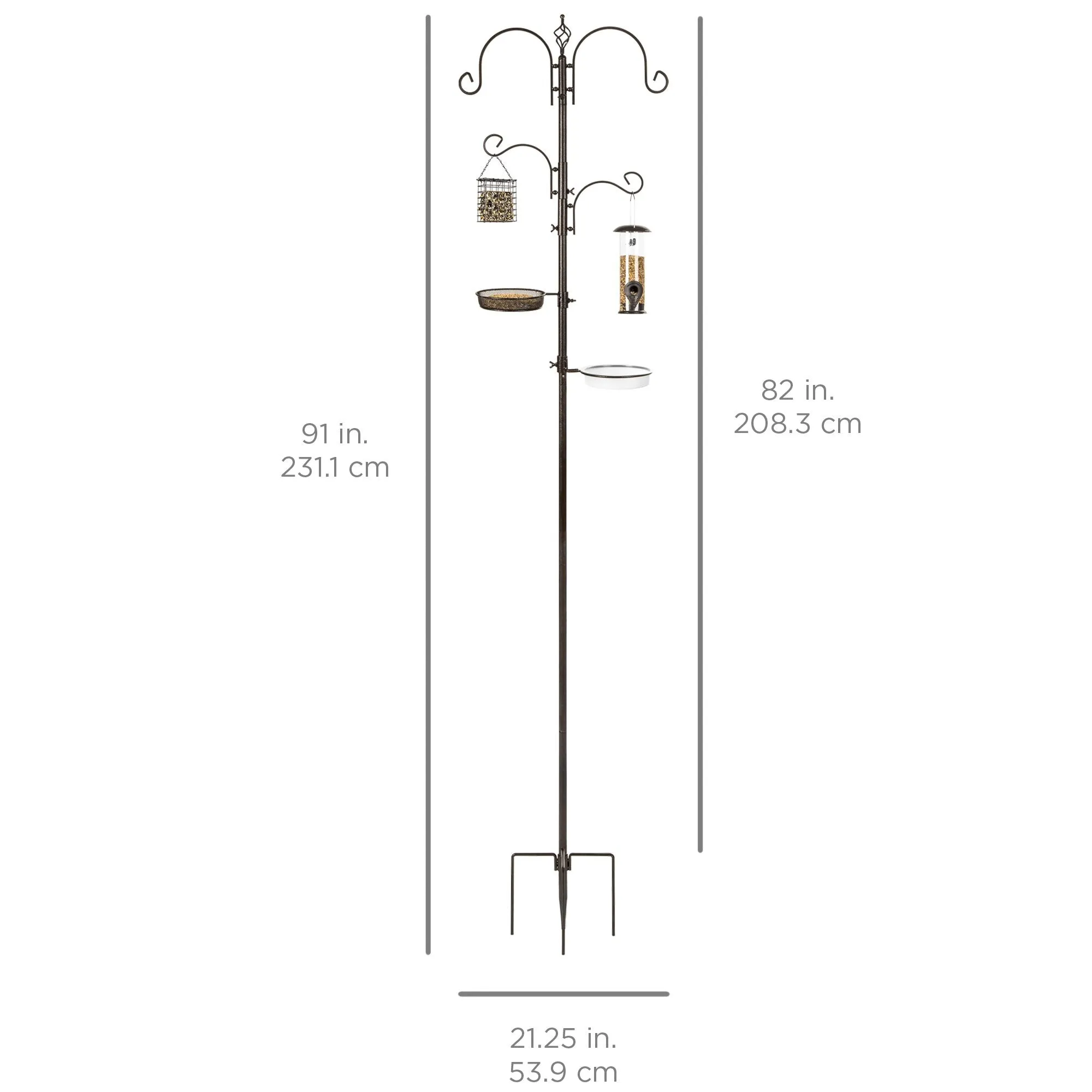 91in 4-Hook Bird Feeding Station, Steel Multi-Feeder Stand w/ 2 Bird Feeders