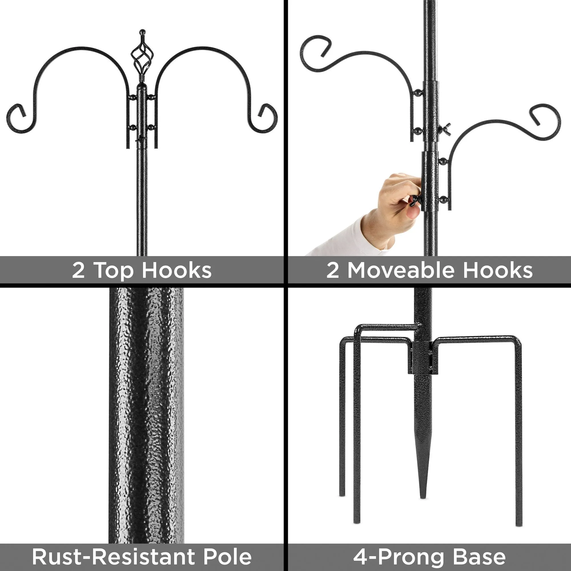 91in 4-Hook Bird Feeding Station, Steel Multi-Feeder Stand w/ 2 Bird Feeders