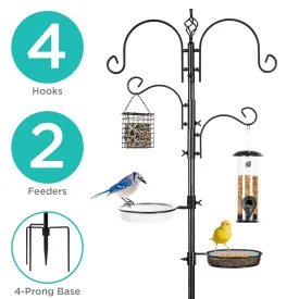 91in 4-Hook Bird Feeding Station, Steel Multi-Feeder Stand w/ 2 Bird Feeders