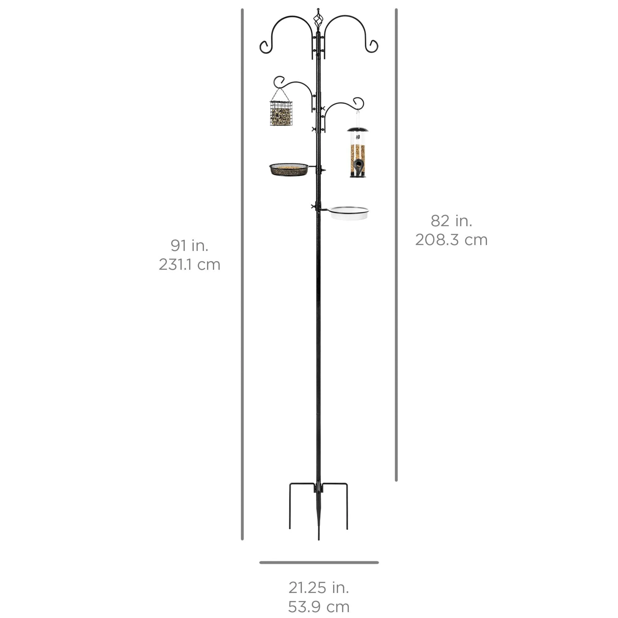 91in 4-Hook Bird Feeding Station, Steel Multi-Feeder Stand w/ 2 Bird Feeders