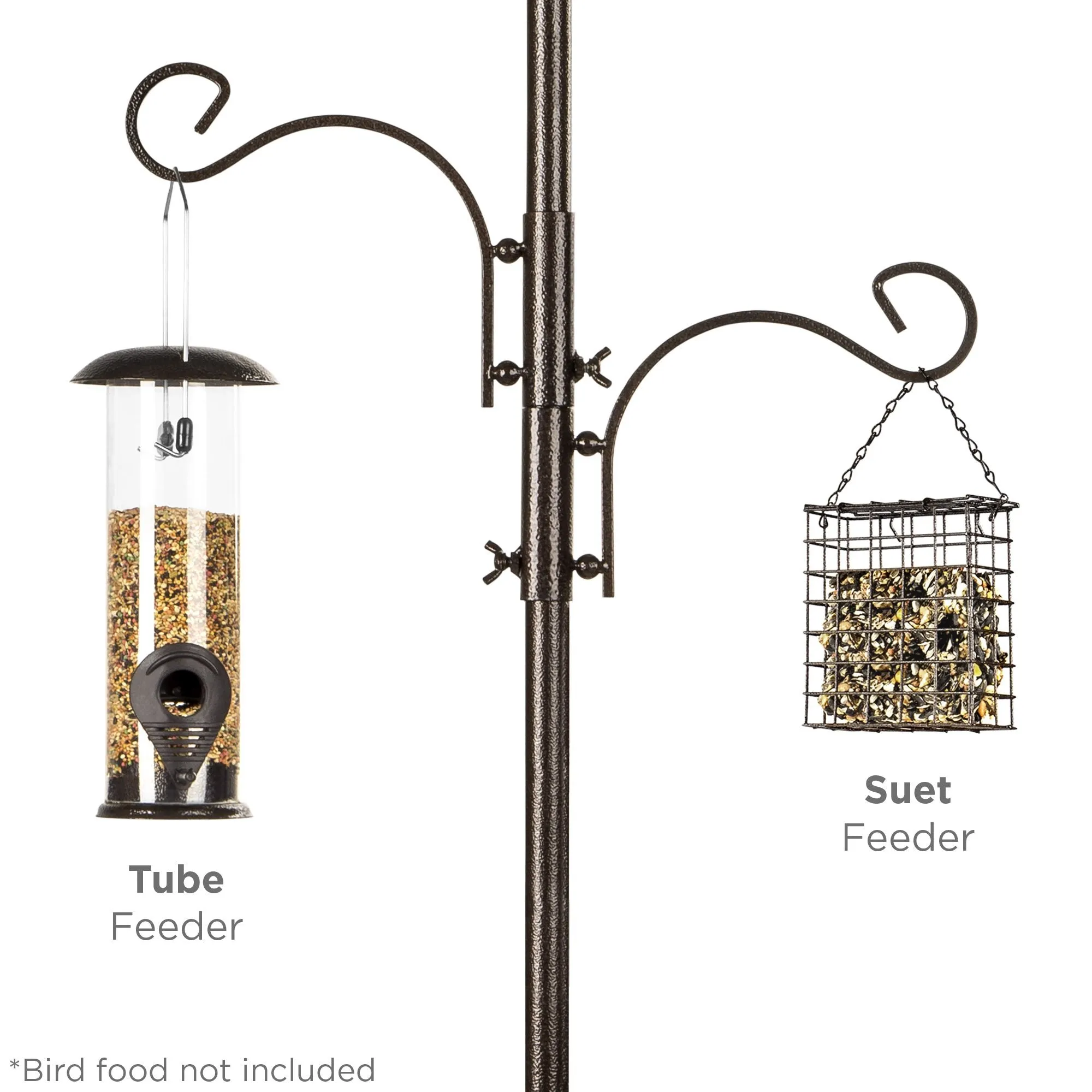 91in 4-Hook Bird Feeding Station, Steel Multi-Feeder Stand w/ 2 Bird Feeders