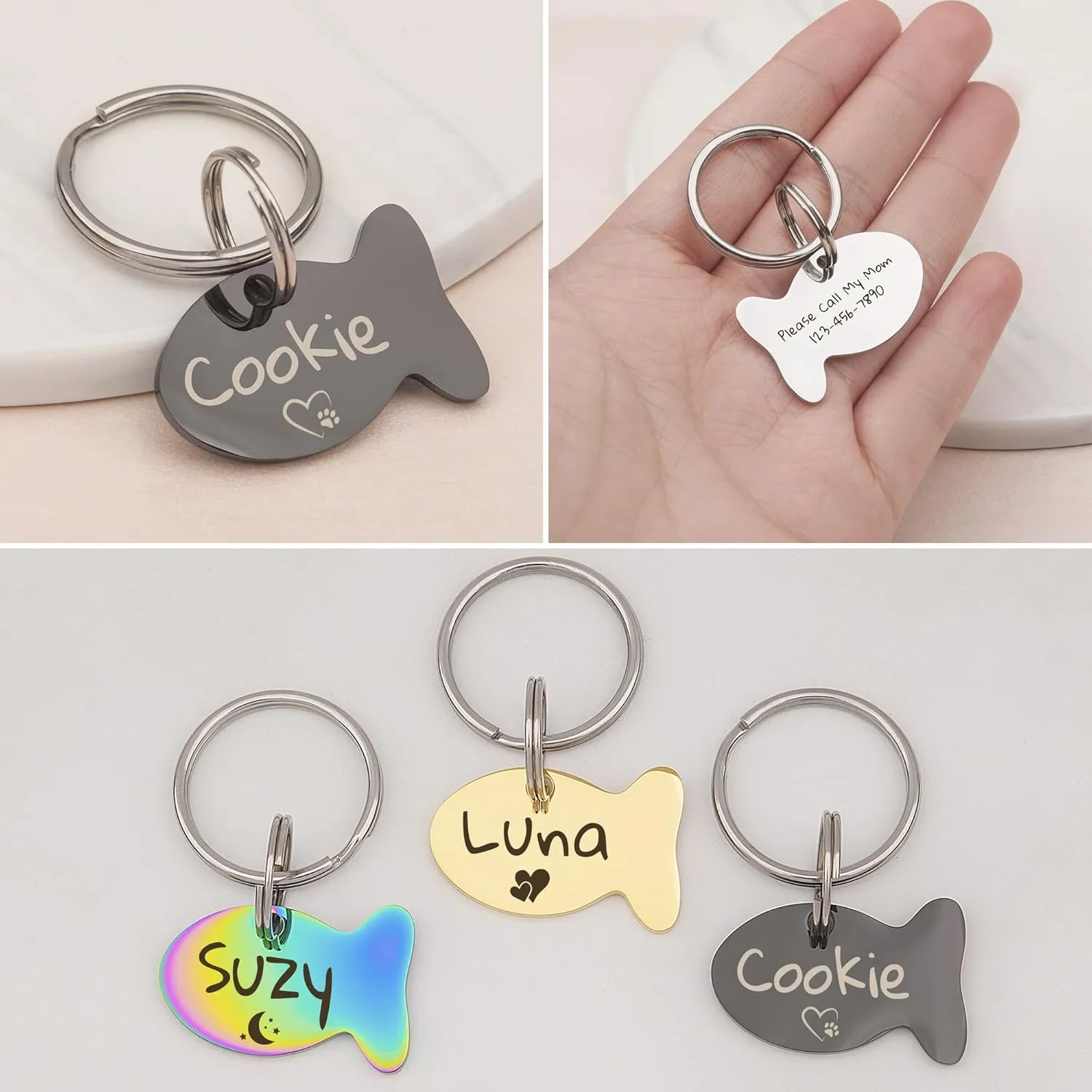 Anavia Cat Head & Fish Shape Pet ID Tags, Personalized Funny Icon Design Cat Name Tag, Customized Gold Plated Glossy Stainless Steel Black Rainbow Cat Dog Collar Tag (Small, Fish Shape, Gold)