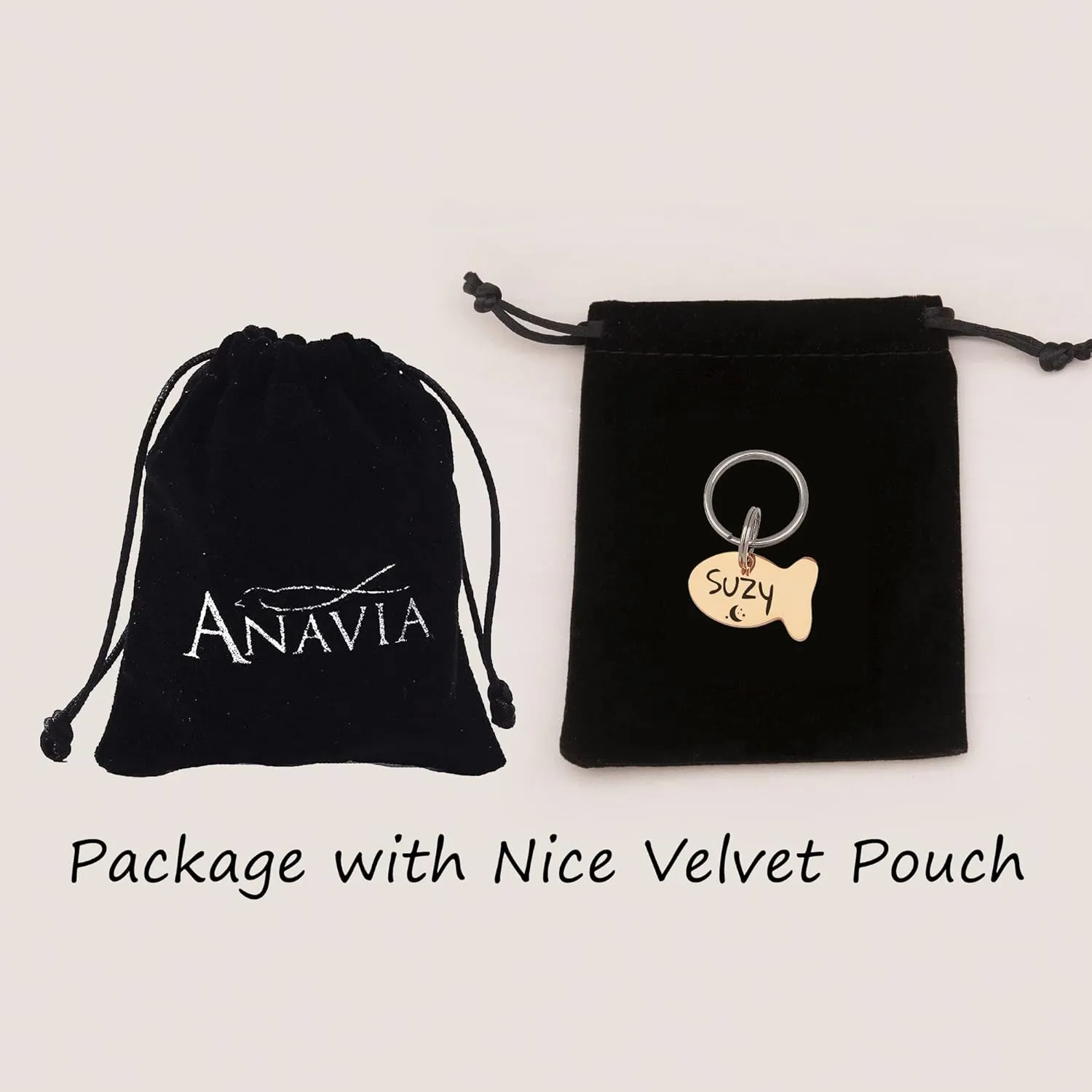 Anavia Cat Head & Fish Shape Pet ID Tags, Personalized Funny Icon Design Cat Name Tag, Customized Gold Plated Glossy Stainless Steel Black Rainbow Cat Dog Collar Tag (Small, Fish Shape, Gold)