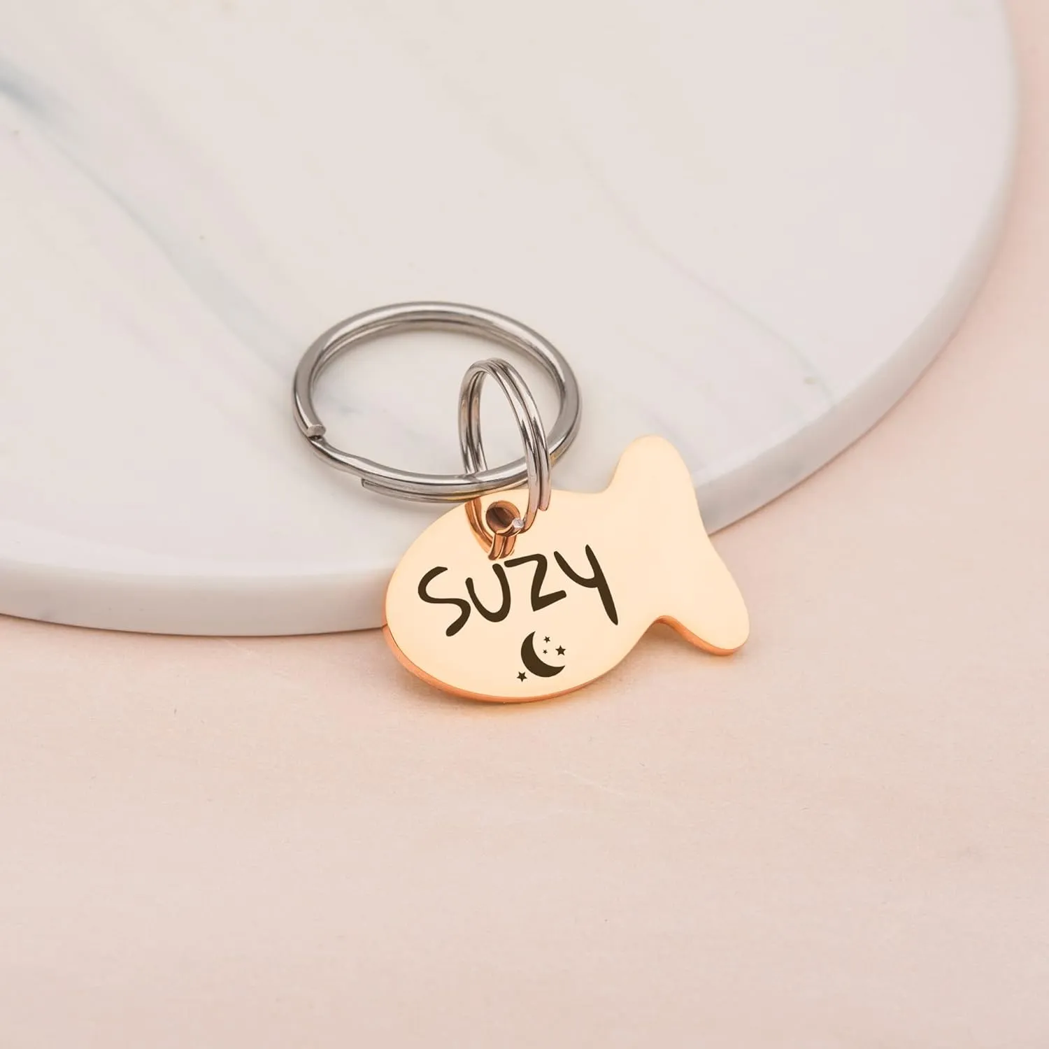 Anavia Cat Head & Fish Shape Pet ID Tags, Personalized Funny Icon Design Cat Name Tag, Customized Gold Plated Glossy Stainless Steel Black Rainbow Cat Dog Collar Tag (Small, Fish Shape, Gold)