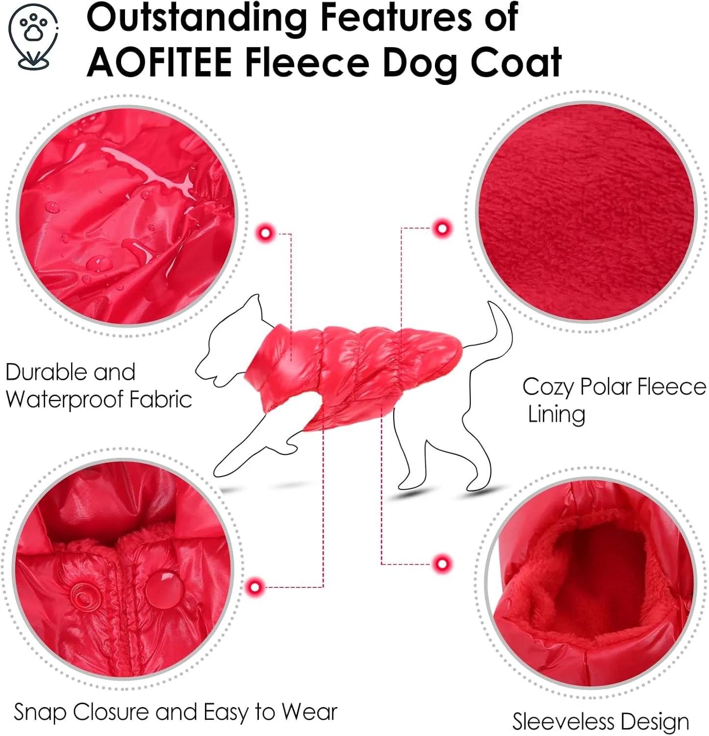 AOFITEE Dog Coat, Waterproof Dog Jacket, Winter Coats for Small Dogs, Windproof Dogs Puffer Jacket, Warm Fleece Pet Snowsuit Puffer Vest with Snap Closure for Boy Girl Puppy, Christmas Red, S