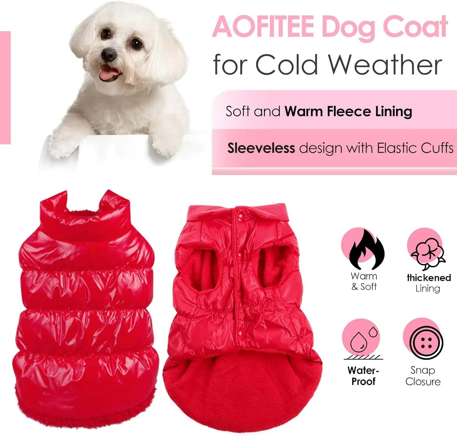 AOFITEE Dog Coat, Waterproof Dog Jacket, Winter Coats for Small Dogs, Windproof Dogs Puffer Jacket, Warm Fleece Pet Snowsuit Puffer Vest with Snap Closure for Boy Girl Puppy, Christmas Red, S