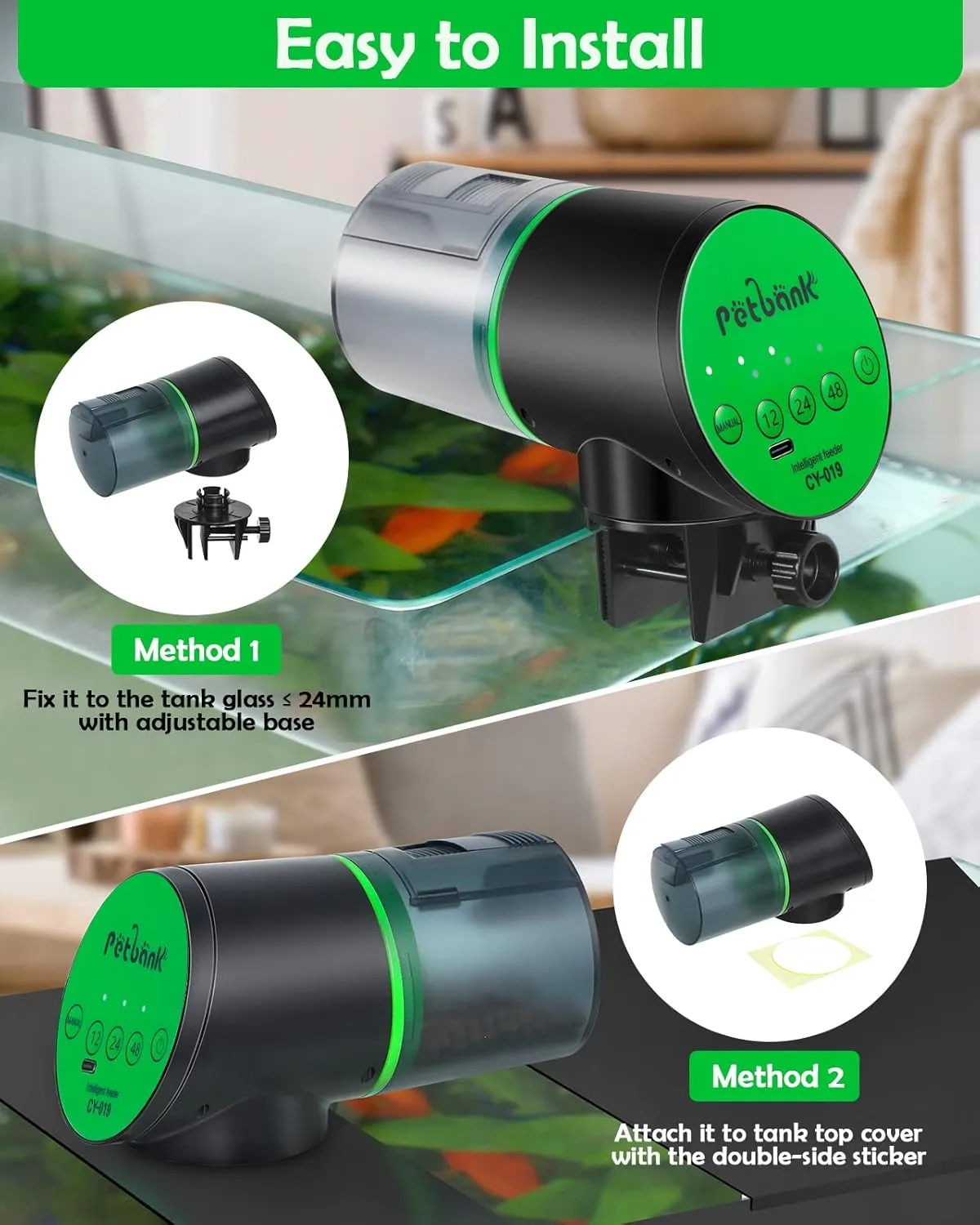 Automatic Fish Feeder for Aquarium - Auto Fish Food Dispenser Rechargeable for Small Large Tank with USB Charger Cable12/24/48H Interval Esay Set Up (Green, CY-019)