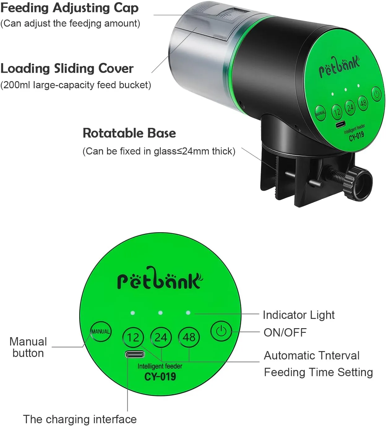 Automatic Fish Feeder for Aquarium - Auto Fish Food Dispenser Rechargeable for Small Large Tank with USB Charger Cable12/24/48H Interval Esay Set Up (Green, CY-019)