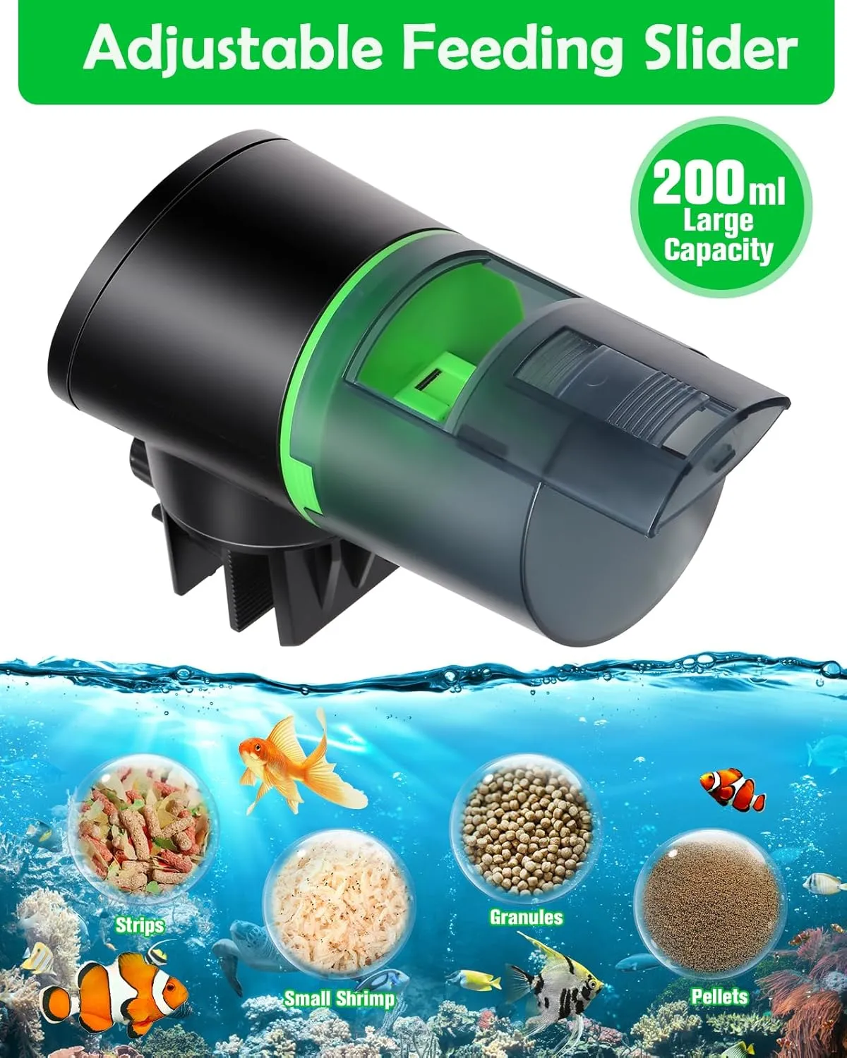 Automatic Fish Feeder for Aquarium - Auto Fish Food Dispenser Rechargeable for Small Large Tank with USB Charger Cable12/24/48H Interval Esay Set Up (Green, CY-019)