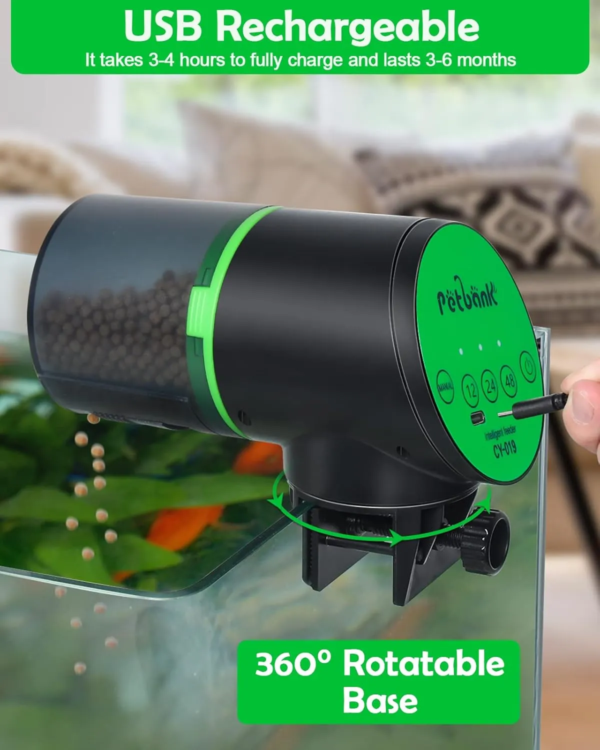 Automatic Fish Feeder for Aquarium - Auto Fish Food Dispenser Rechargeable for Small Large Tank with USB Charger Cable12/24/48H Interval Esay Set Up (Green, CY-019)