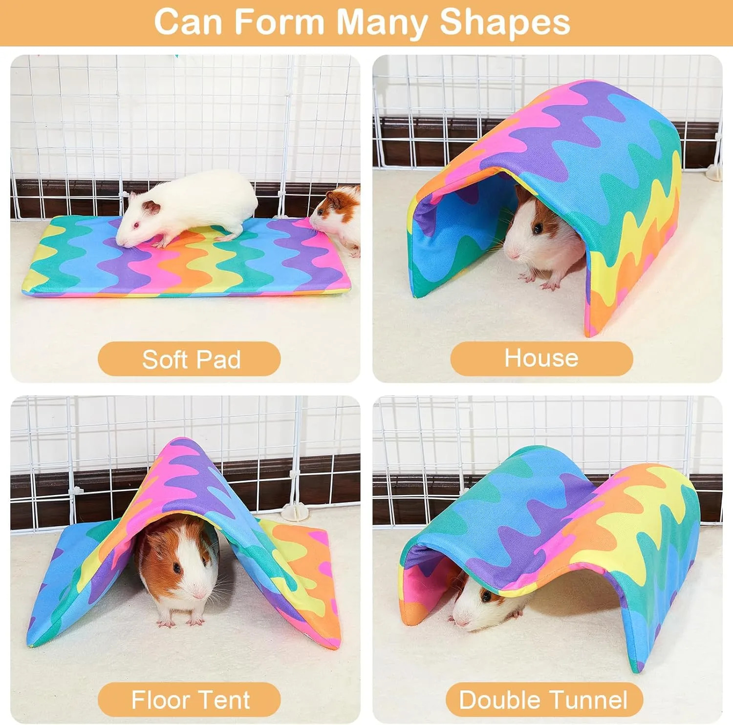 Bienbee Guinea Pig Tunnel, Guinea Pig Hideout, Washable Rabbit Tunnel and Bunny House, Rabbit Toys in Cages for Guinea Pig Bunny Rabbit Small Animal Rainbow Wave