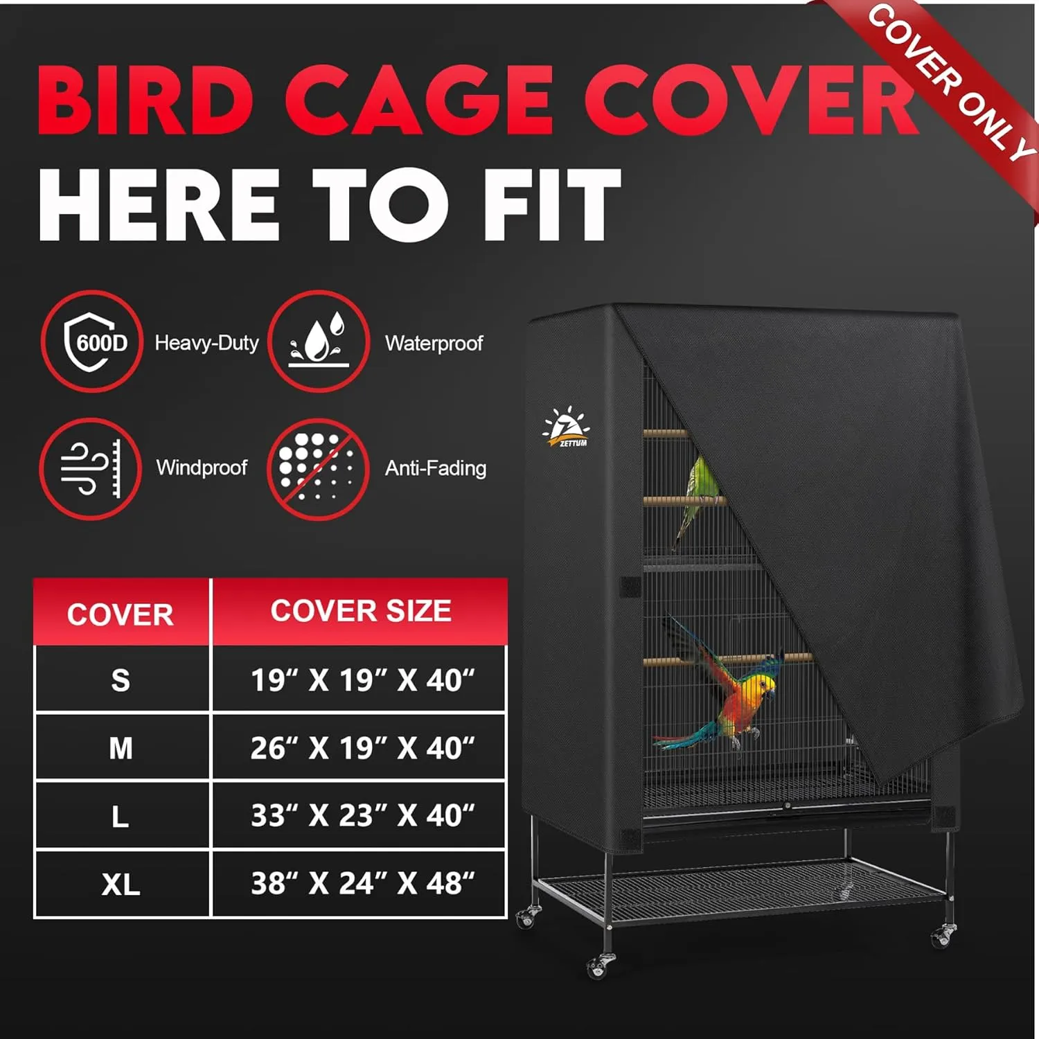 Bird Cage Cover - 600D Bird Cage Covers for Night Heavy Duty & Waterproof, Fade-Resistant Pet Bird Cage Cover Accessory for Parakeet, Parrot, Cockatiel and More Finches - 26 x 19 x 40 Inch