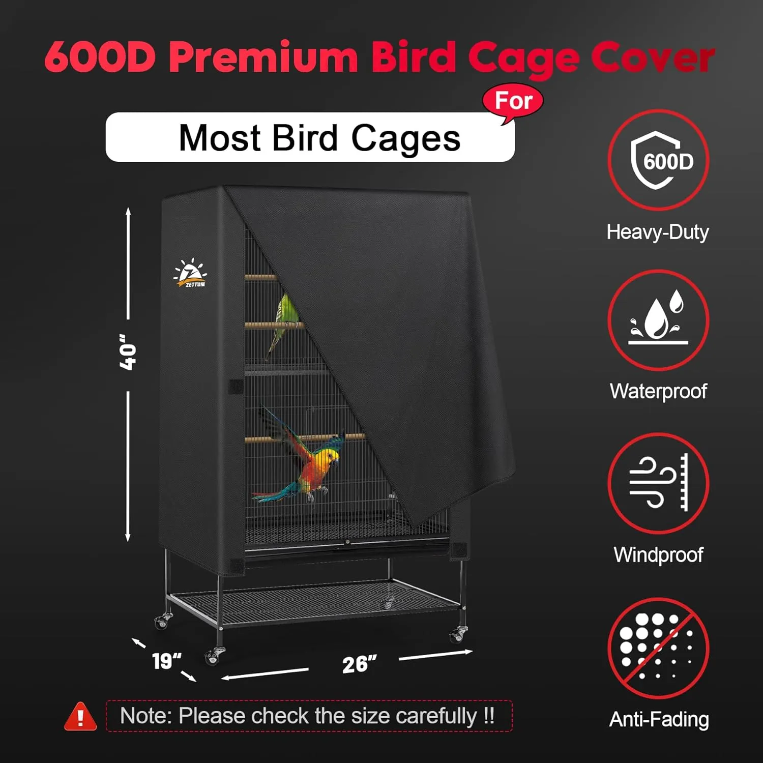 Bird Cage Cover - 600D Bird Cage Covers for Night Heavy Duty & Waterproof, Fade-Resistant Pet Bird Cage Cover Accessory for Parakeet, Parrot, Cockatiel and More Finches - 26 x 19 x 40 Inch