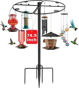 Bird Feeder Pole Stand - 74.5 Inch Bird Feeding Station with Semicircular Hook for Outdoors, 22 Hanging Areas for Suet Feeders, Plant Baskets, Lanterns, Wind Chime, Slip-Fit Connection