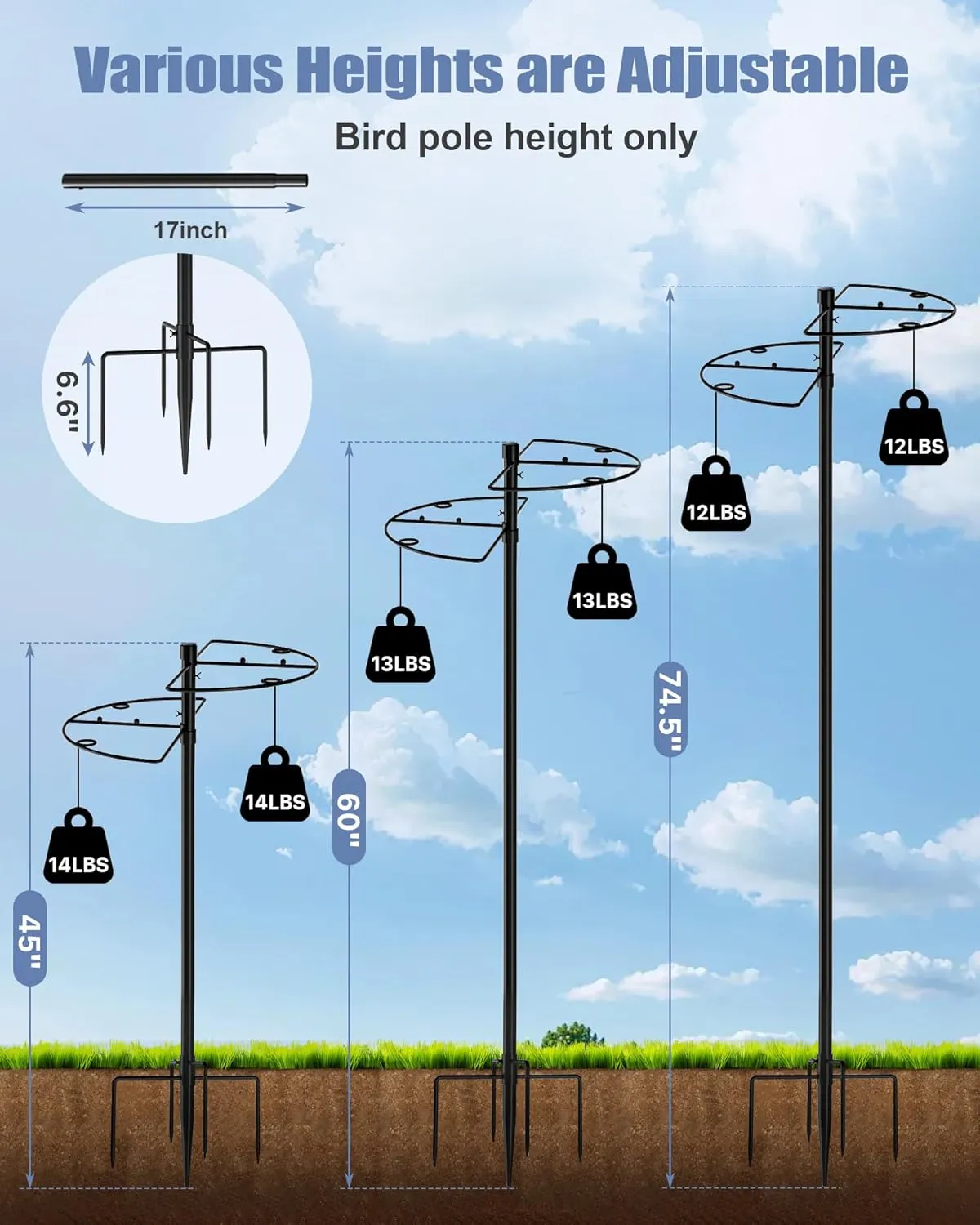 Bird Feeder Pole Stand - 74.5 Inch Bird Feeding Station with Semicircular Hook for Outdoors, 22 Hanging Areas for Suet Feeders, Plant Baskets, Lanterns, Wind Chime, Slip-Fit Connection