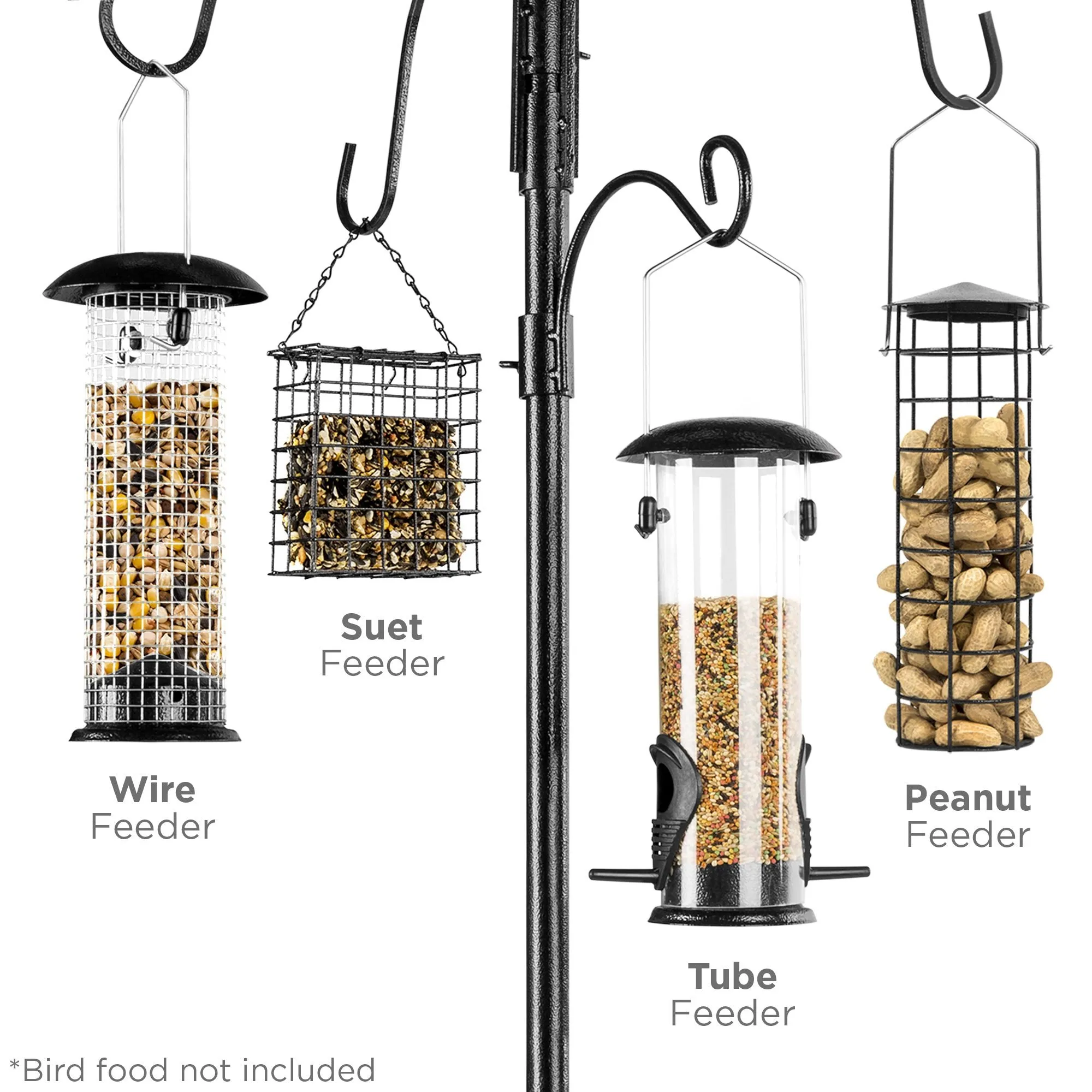 Bird Feeding Station, 6-Hook Steel Multi-Feeder Stand w/ 4 Bird Feeders, 89in