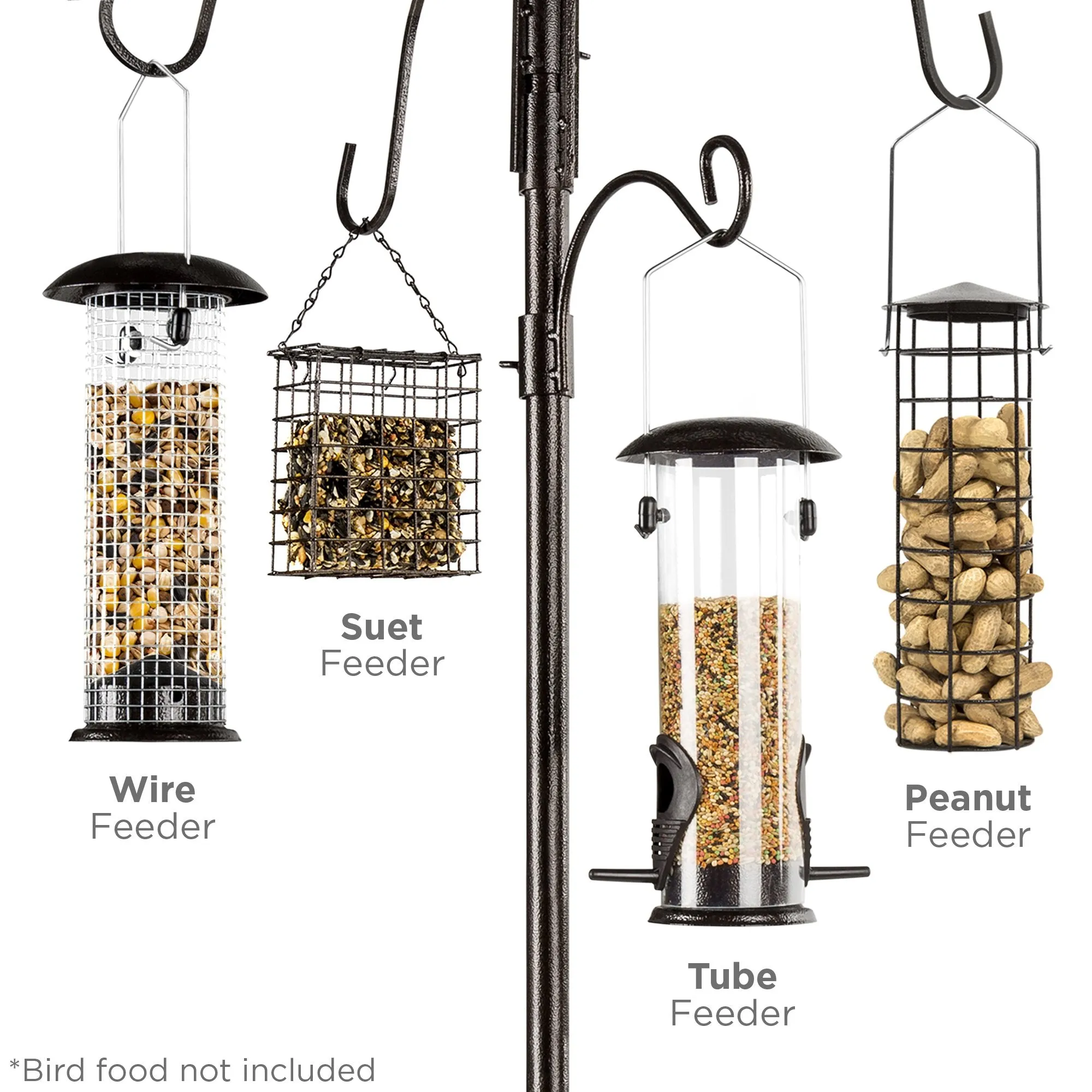 Bird Feeding Station, 6-Hook Steel Multi-Feeder Stand w/ 4 Bird Feeders, 89in