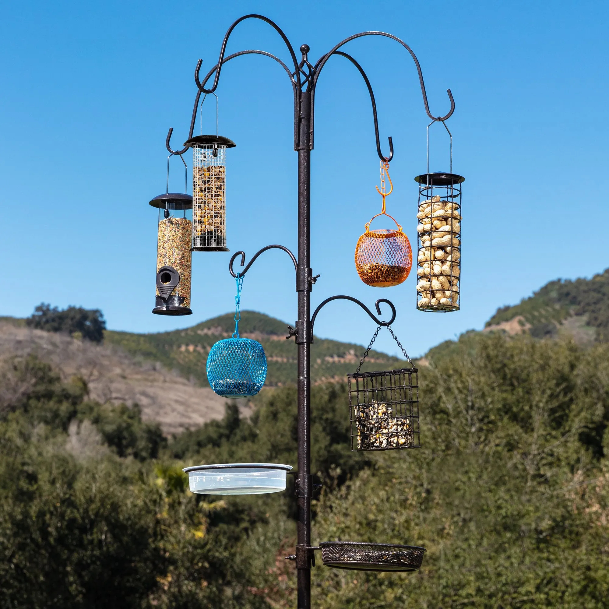 Bird Feeding Station, 6-Hook Steel Multi-Feeder Stand w/ 4 Bird Feeders, 89in