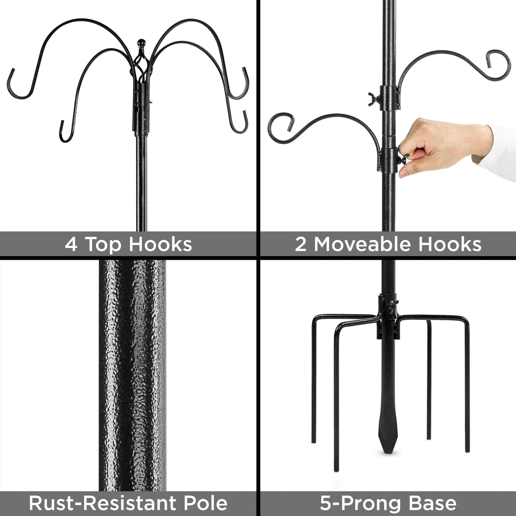 Bird Feeding Station, 6-Hook Steel Multi-Feeder Stand w/ 4 Bird Feeders, 89in