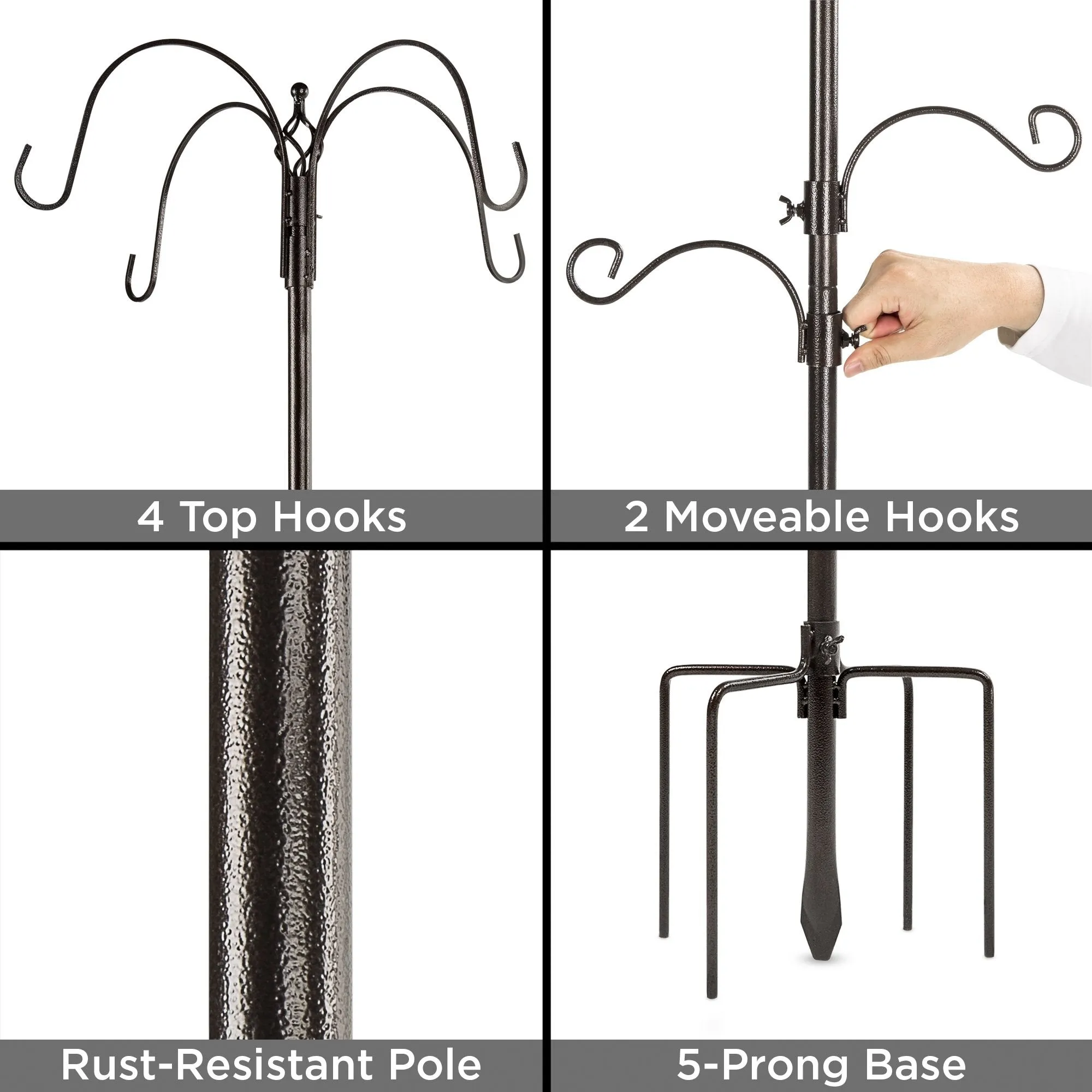 Bird Feeding Station, 6-Hook Steel Multi-Feeder Stand w/ 4 Bird Feeders, 89in