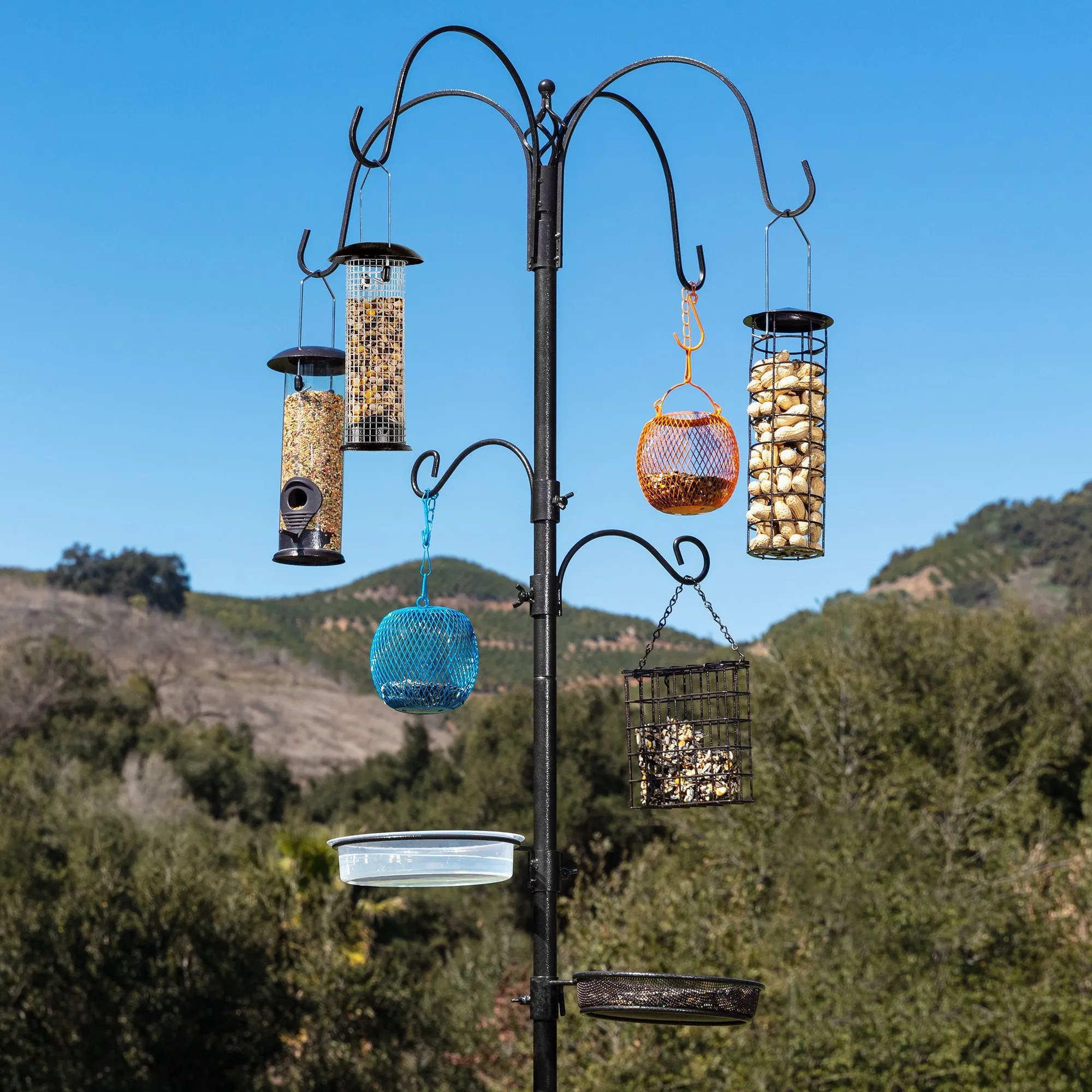 Bird Feeding Station, 6-Hook Steel Multi-Feeder Stand w/ 4 Bird Feeders, 89in