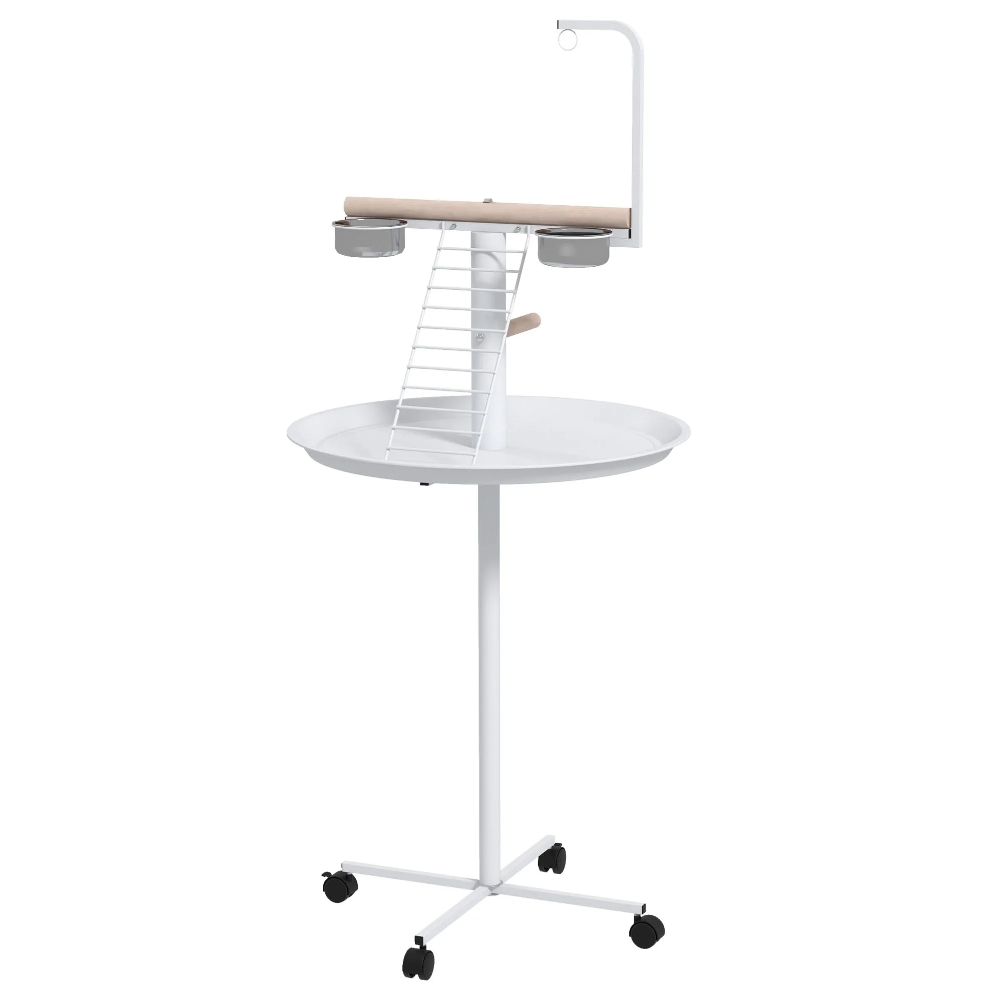 Bird Stand with Four Wheels Perches Stainless Steel Feed Bows Round Tray for Garden Indoor Outdoor - White