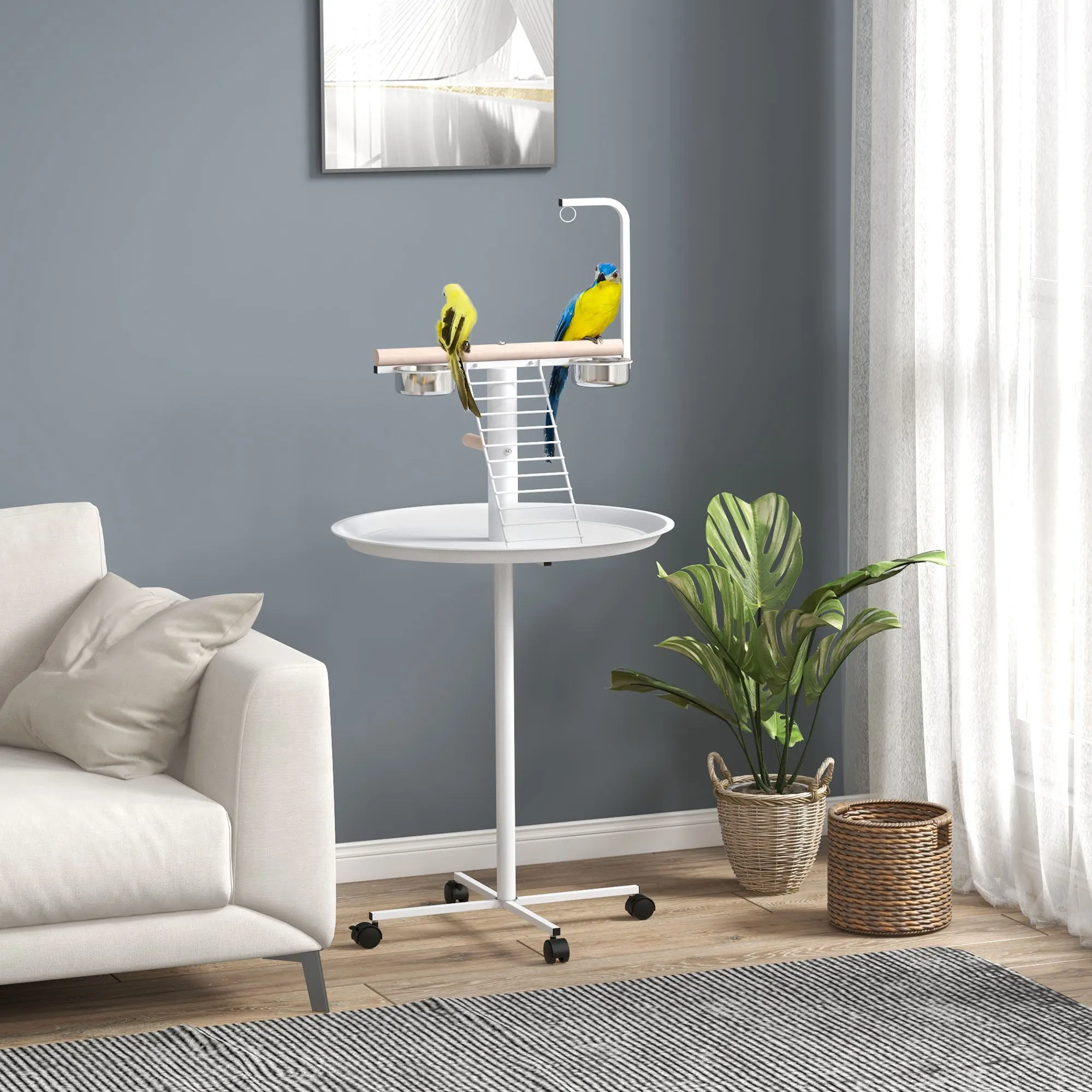 Bird Stand with Four Wheels Perches Stainless Steel Feed Bows Round Tray for Garden Indoor Outdoor - White