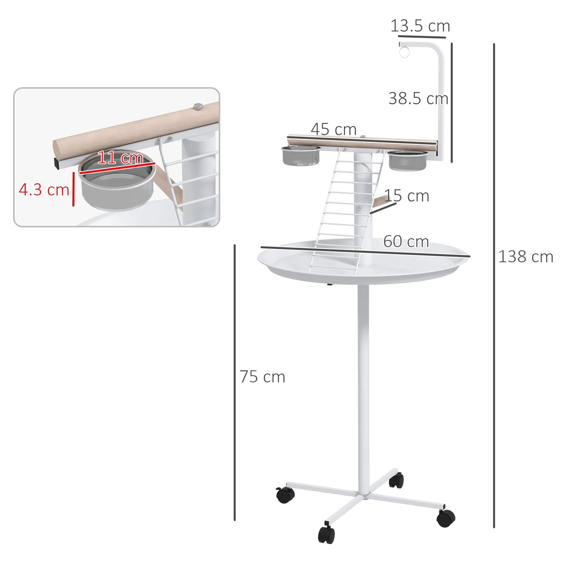 Bird Stand with Four Wheels Perches Stainless Steel Feed Bows Round Tray for Garden Indoor Outdoor - White