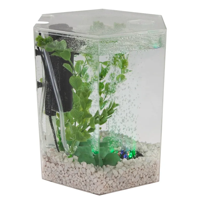 Bubbling LED Aquarium Kit 1 Gallon, Hexagon Shape, with Color-Changing Light