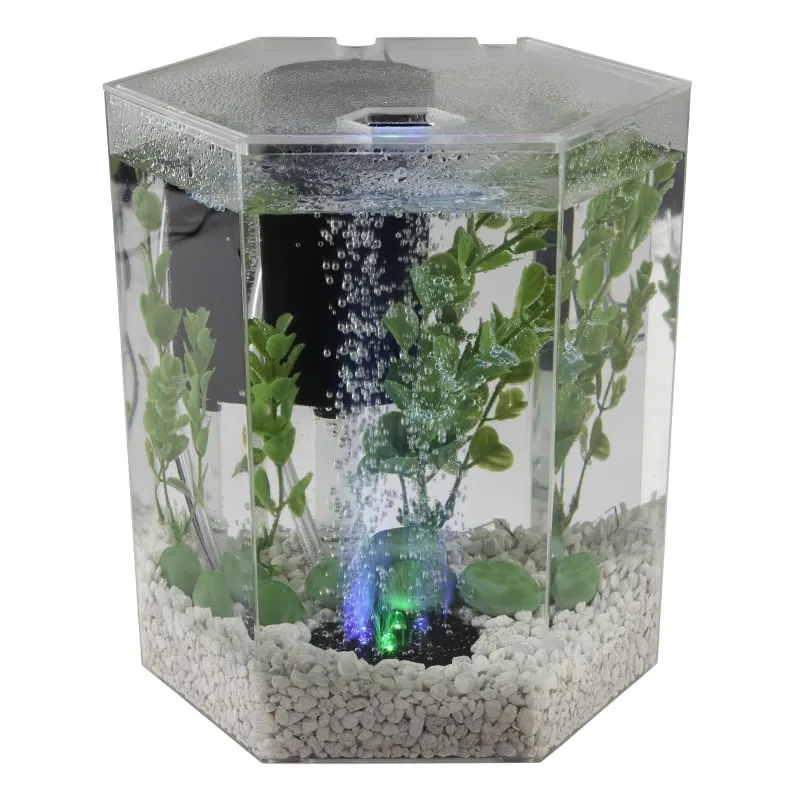 Bubbling LED Aquarium Kit 1 Gallon, Hexagon Shape, with Color-Changing Light