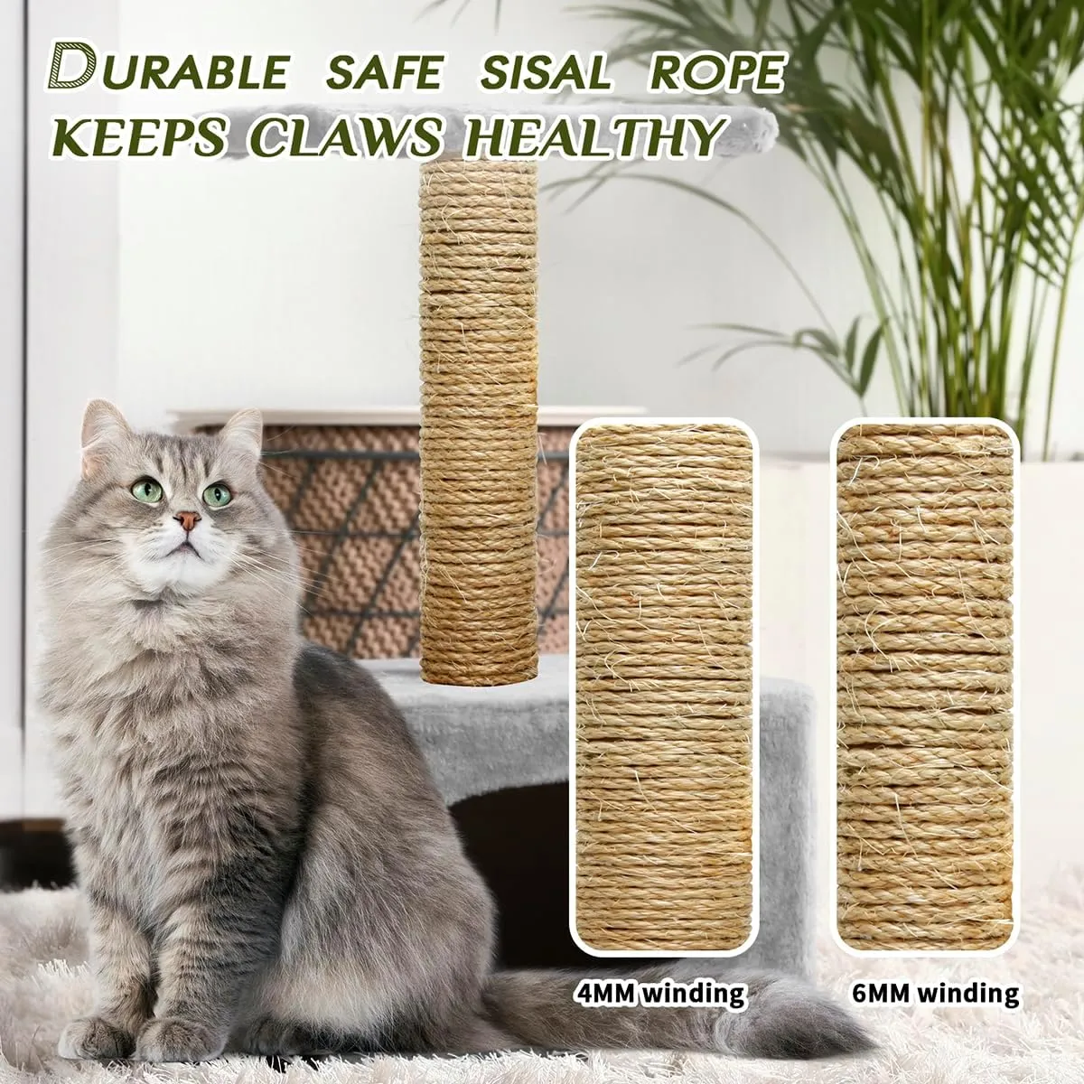 Cat Natural Sisal Rope 1/4 Inch 6mm 164-Feet for Cat Scratching Post Tree Tower Replacement Repair and Replace, DIY Hemp Twine Rope for Cat Scratching Furniture Window Perch and Crafts Gardening