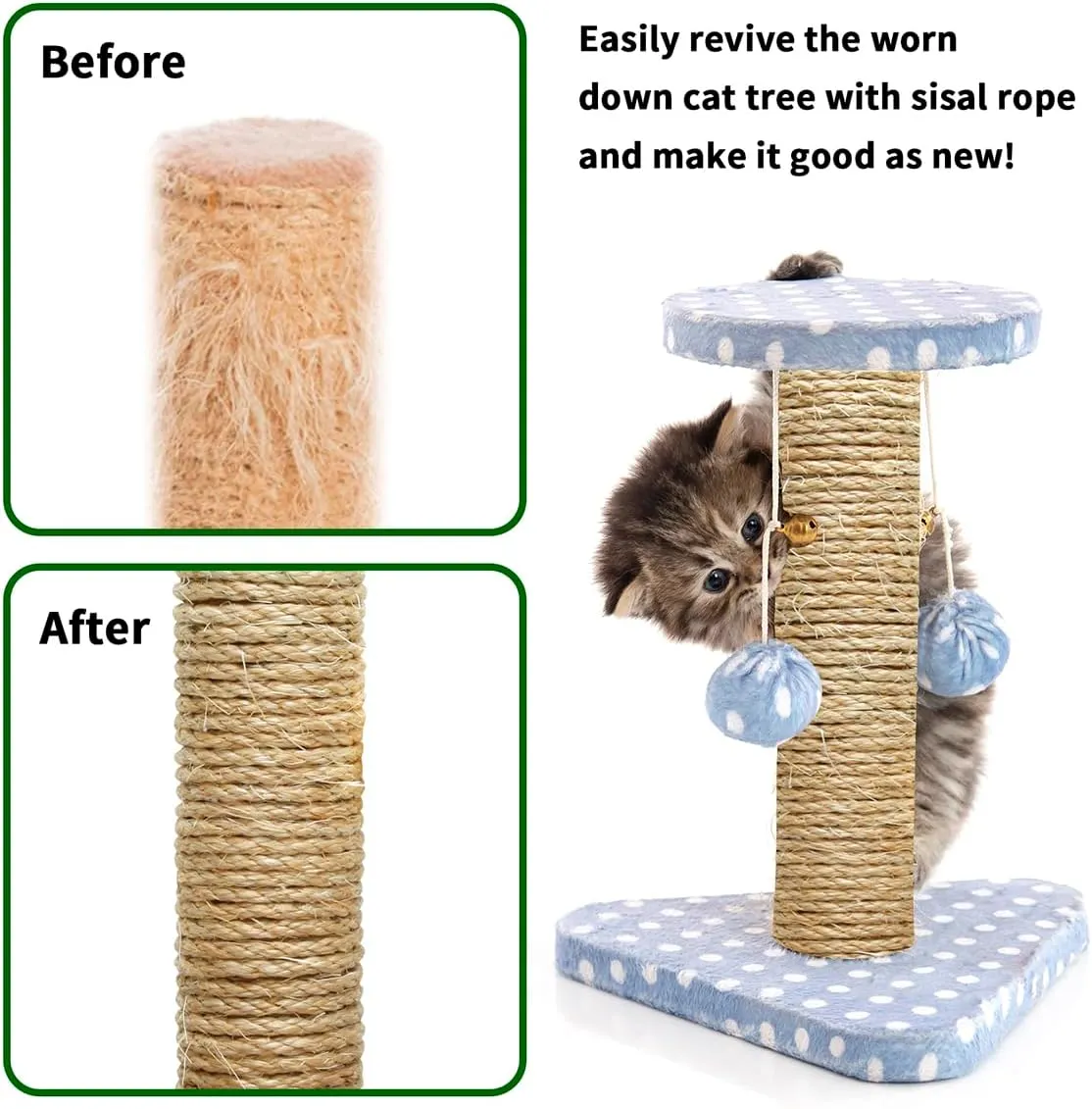 Cat Natural Sisal Rope 1/4 Inch 6mm 164-Feet for Cat Scratching Post Tree Tower Replacement Repair and Replace, DIY Hemp Twine Rope for Cat Scratching Furniture Window Perch and Crafts Gardening