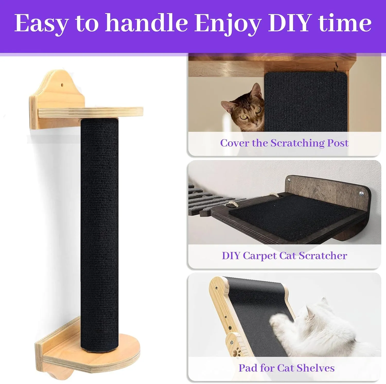Cat Scratching Mat, Trimmable DIY Self-Adhesive Anti Scratch Furniture Protector, Climbing Wall Carpet, Couch Protector, Scratcher Scratching Pad Post Replacement (Black, 118.1"x15.8")