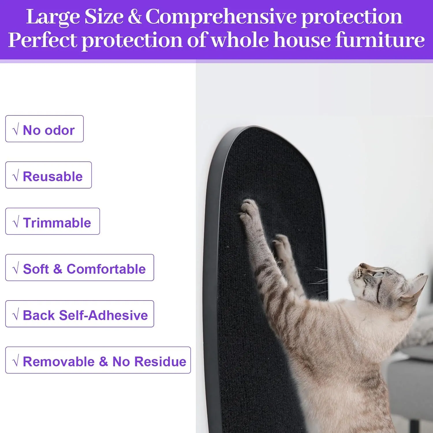 Cat Scratching Mat, Trimmable DIY Self-Adhesive Anti Scratch Furniture Protector, Climbing Wall Carpet, Couch Protector, Scratcher Scratching Pad Post Replacement (Black, 118.1"x15.8")