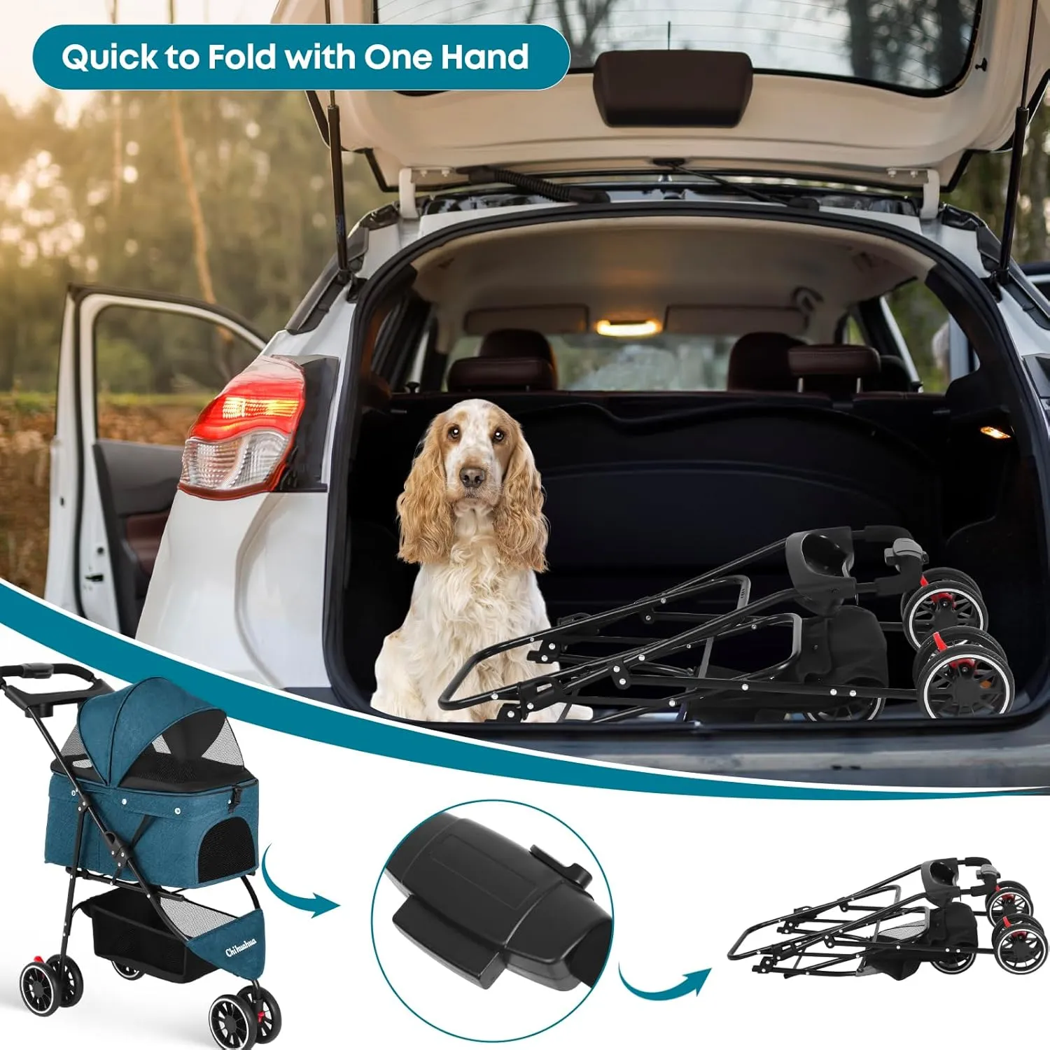 CHIHUAHUA 2-in-1 Foldable Pet Stroller with Canopy,3 Wheels Pet Strolling Cart for Small/Medium Dogs and Cats with Removable Carrier, Breathable Mesh,Cup Holders, Easy Assembly,Green