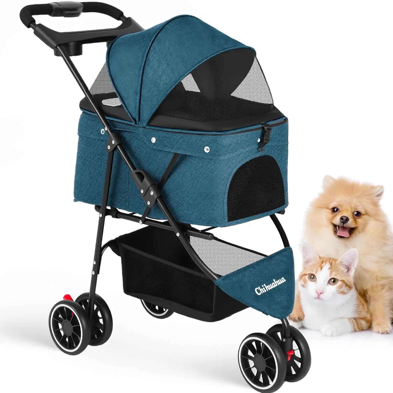 CHIHUAHUA 2-in-1 Foldable Pet Stroller with Canopy,3 Wheels Pet Strolling Cart for Small/Medium Dogs and Cats with Removable Carrier, Breathable Mesh,Cup Holders, Easy Assembly,Green