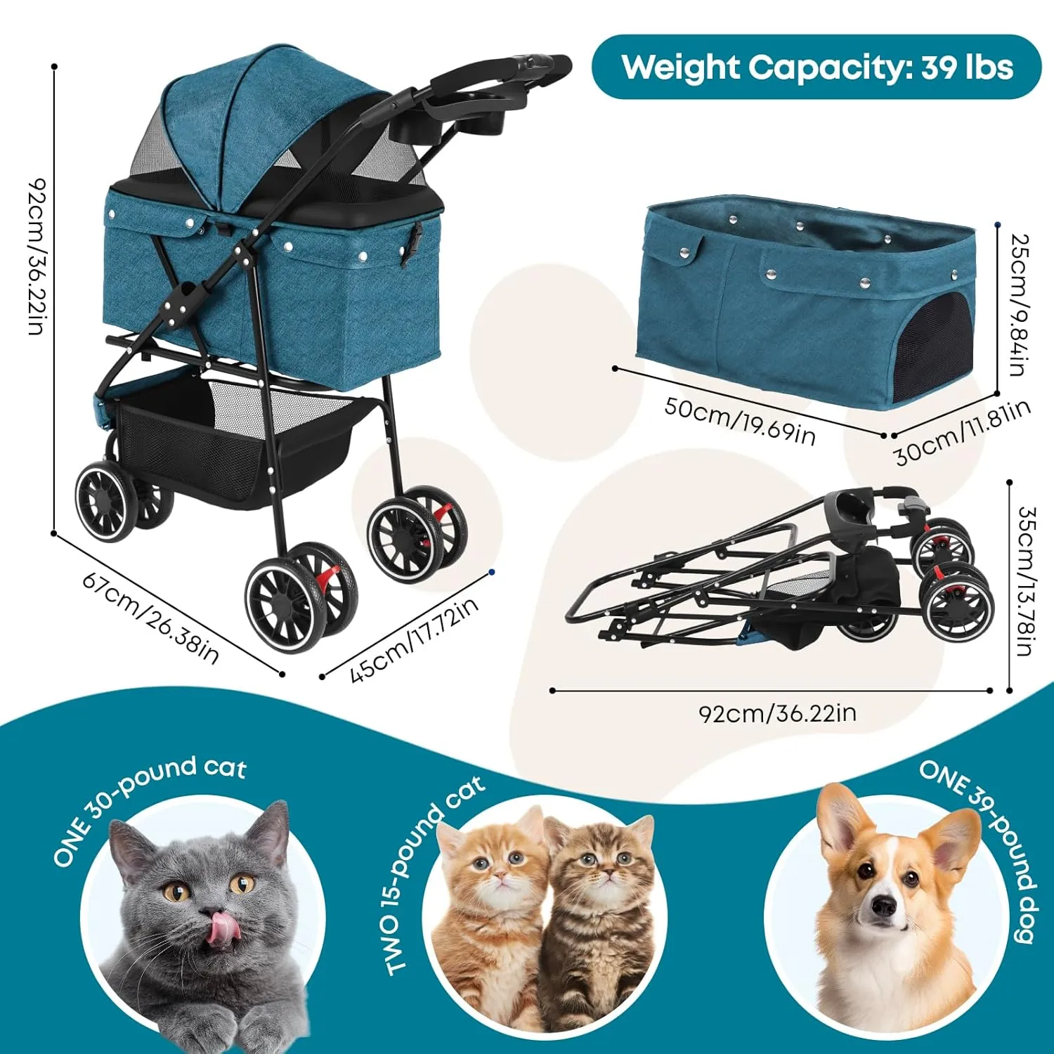 CHIHUAHUA 2-in-1 Foldable Pet Stroller with Canopy,3 Wheels Pet Strolling Cart for Small/Medium Dogs and Cats with Removable Carrier, Breathable Mesh,Cup Holders, Easy Assembly,Green