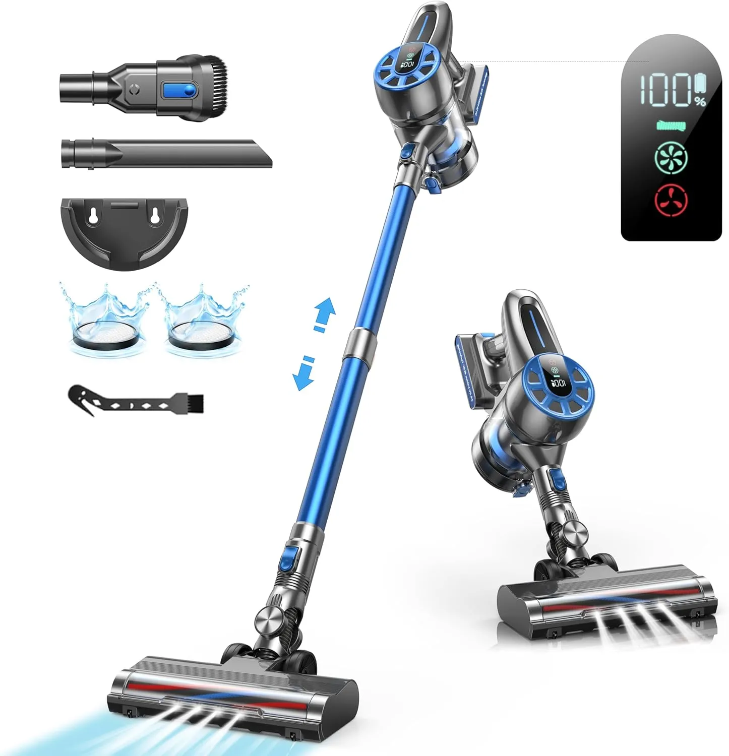 Cordless Vacuum Cleaner, 36Kpa Powerful Vacuum Cleaners for Home Up to 55min Runtime, 2 Modes, LED Display, Lightweight Stick Vacuum for Carpet Hardwood Floor Car Pet Hair (Blue)