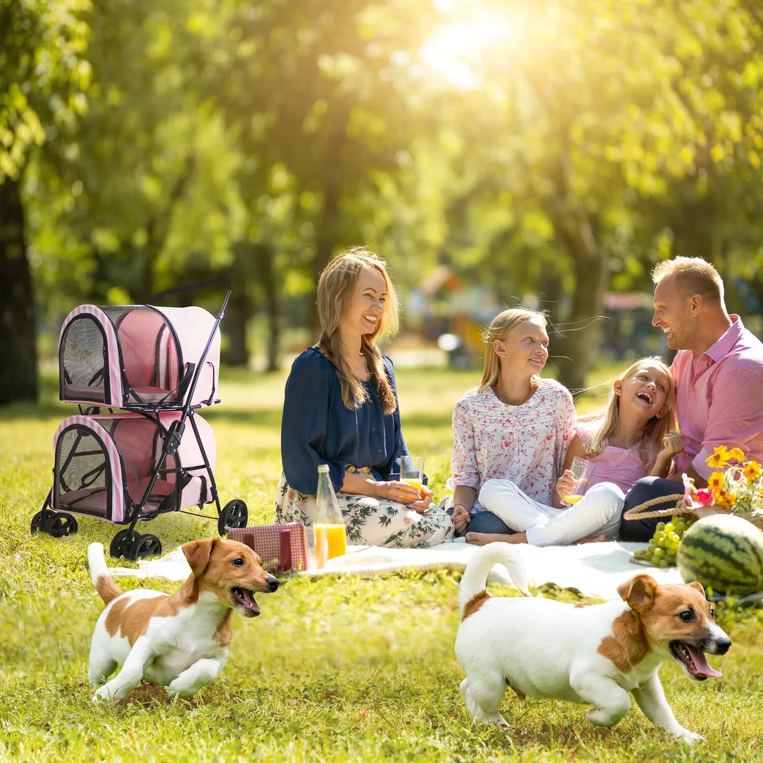 Critter Sitters Double Decker Pet Stroller, Carriage Carrier for Animals up to 35 Pounds, 4-Wheel, Travel and Transportation for Cats, Small Dogs & Rabbits, Pink